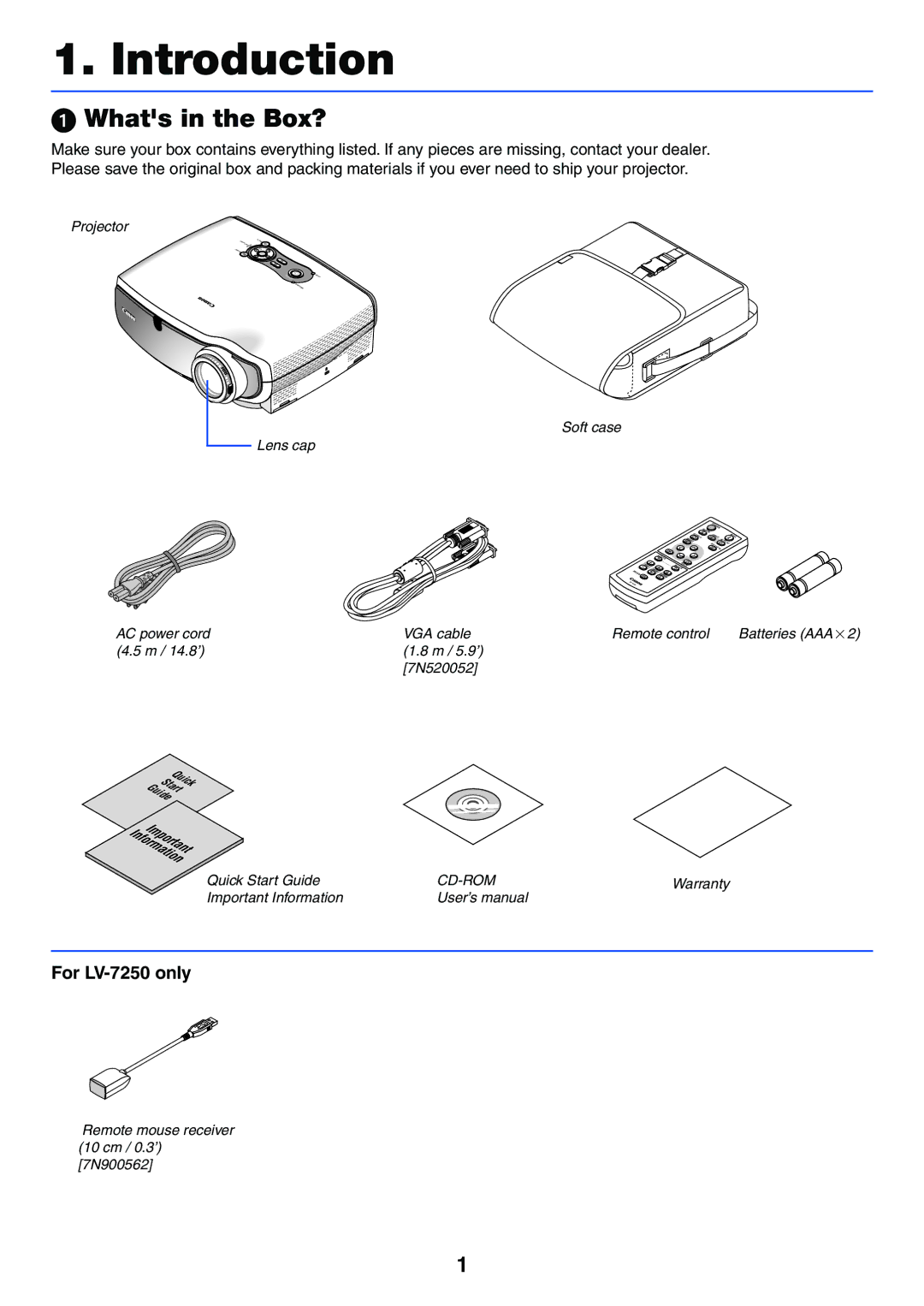 Canon LV-X6 manual Whats in the Box?, For LV-7250 only 