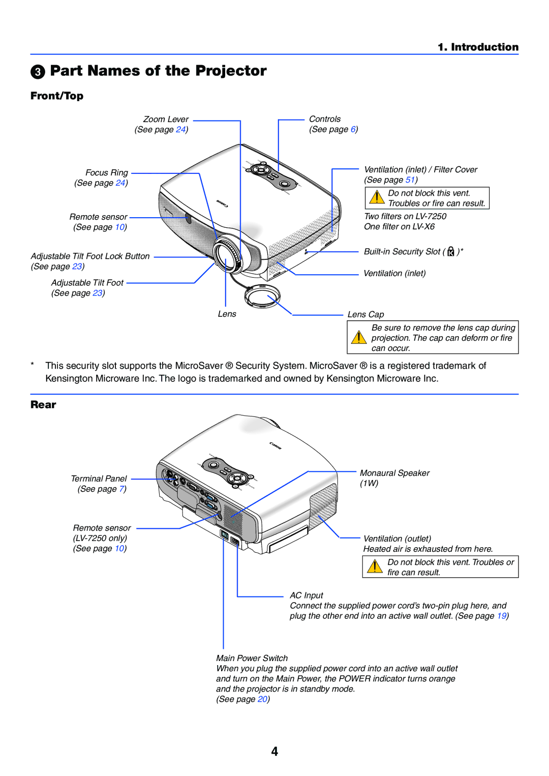 Canon LV-X6, LV-7250 manual Part Names of the Projector, Front/Top, Rear 