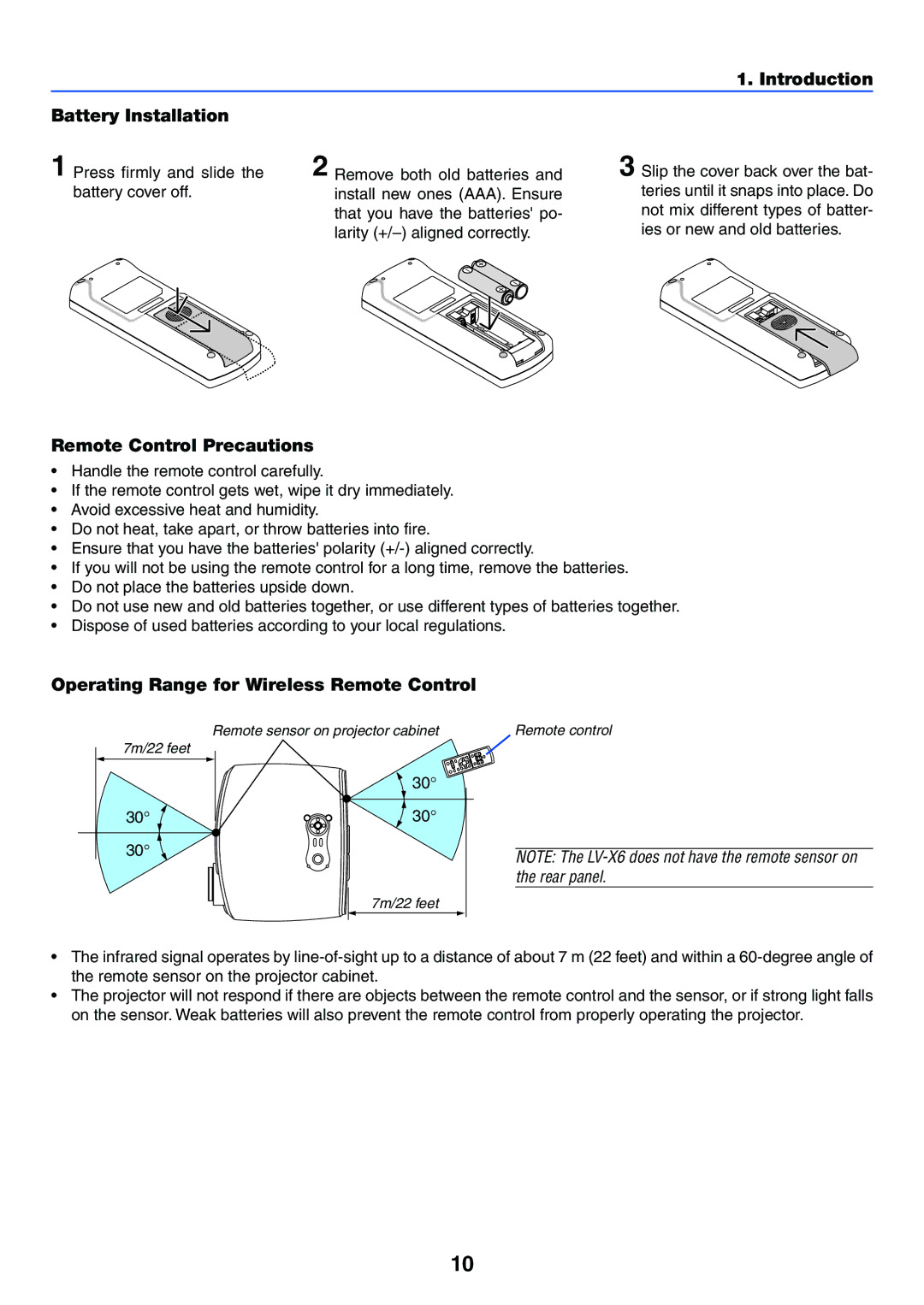 Canon LV-X6, LV-7250 manual Introduction Battery Installation, Operating Range for Wireless Remote Control 