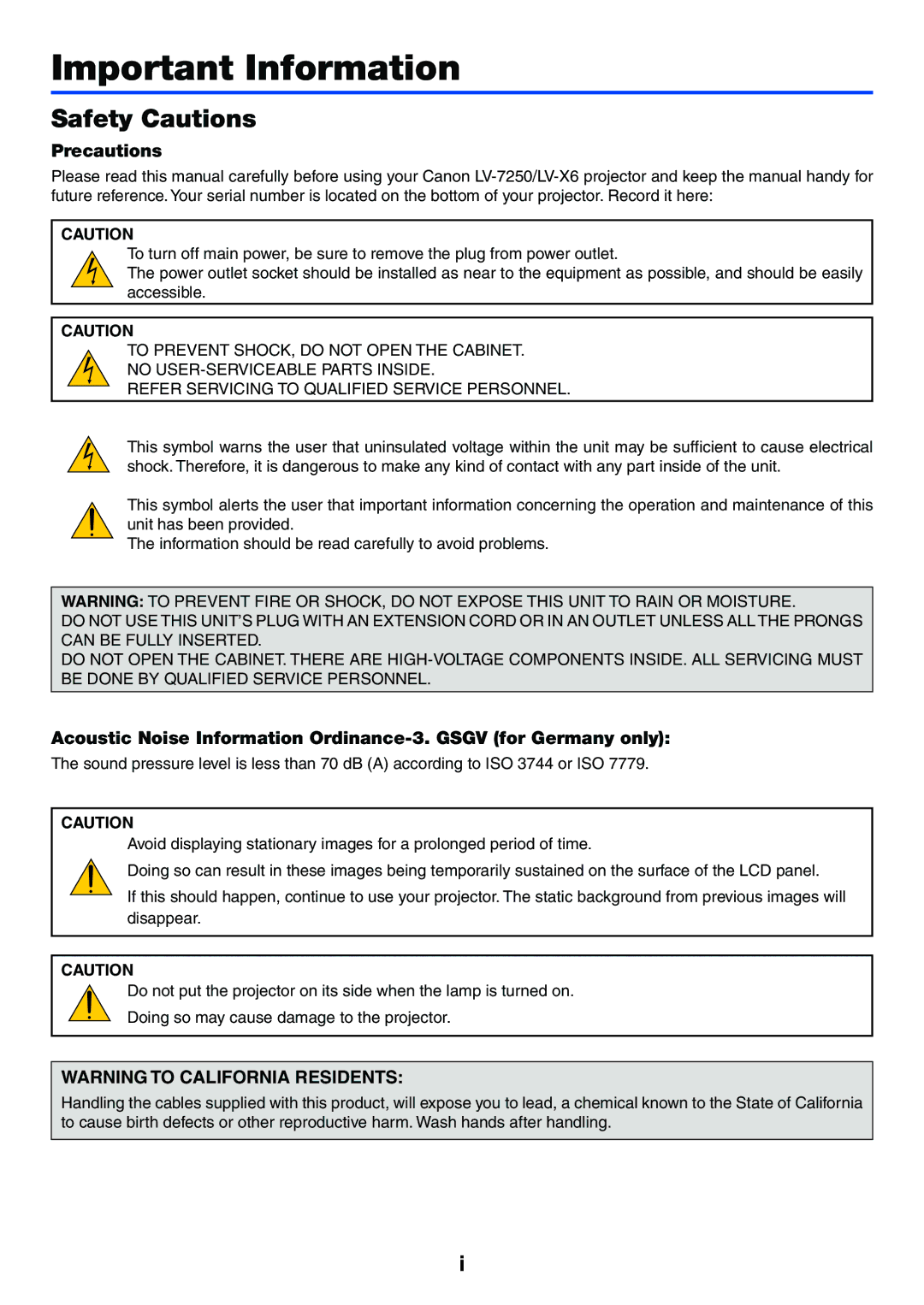 Canon LV-7250, LV-X6 manual Safety Cautions, Precautions 