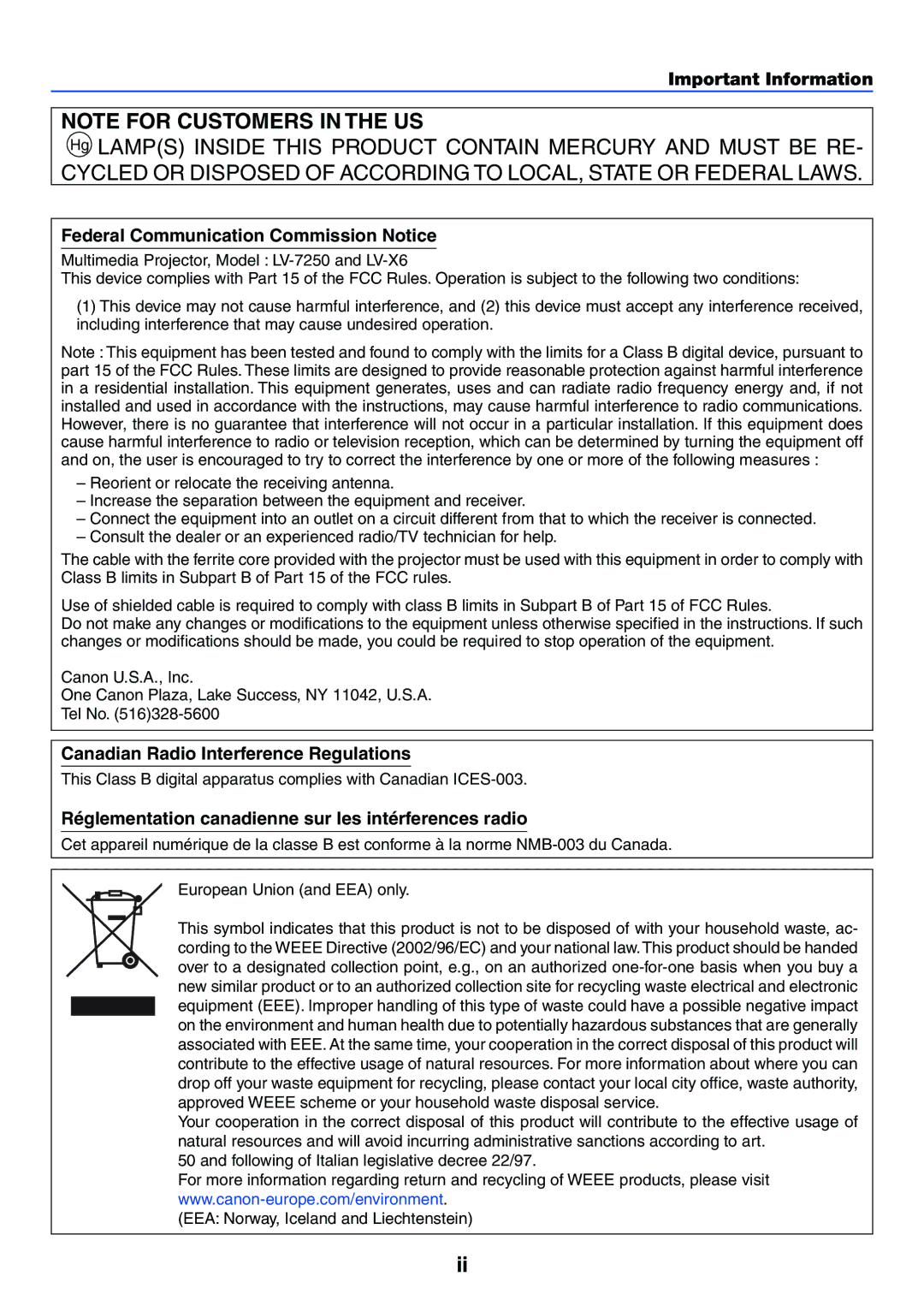 Canon LV-X6 manual Important Information, Federal Communication Commission Notice, Canadian Radio Interference Regulations 