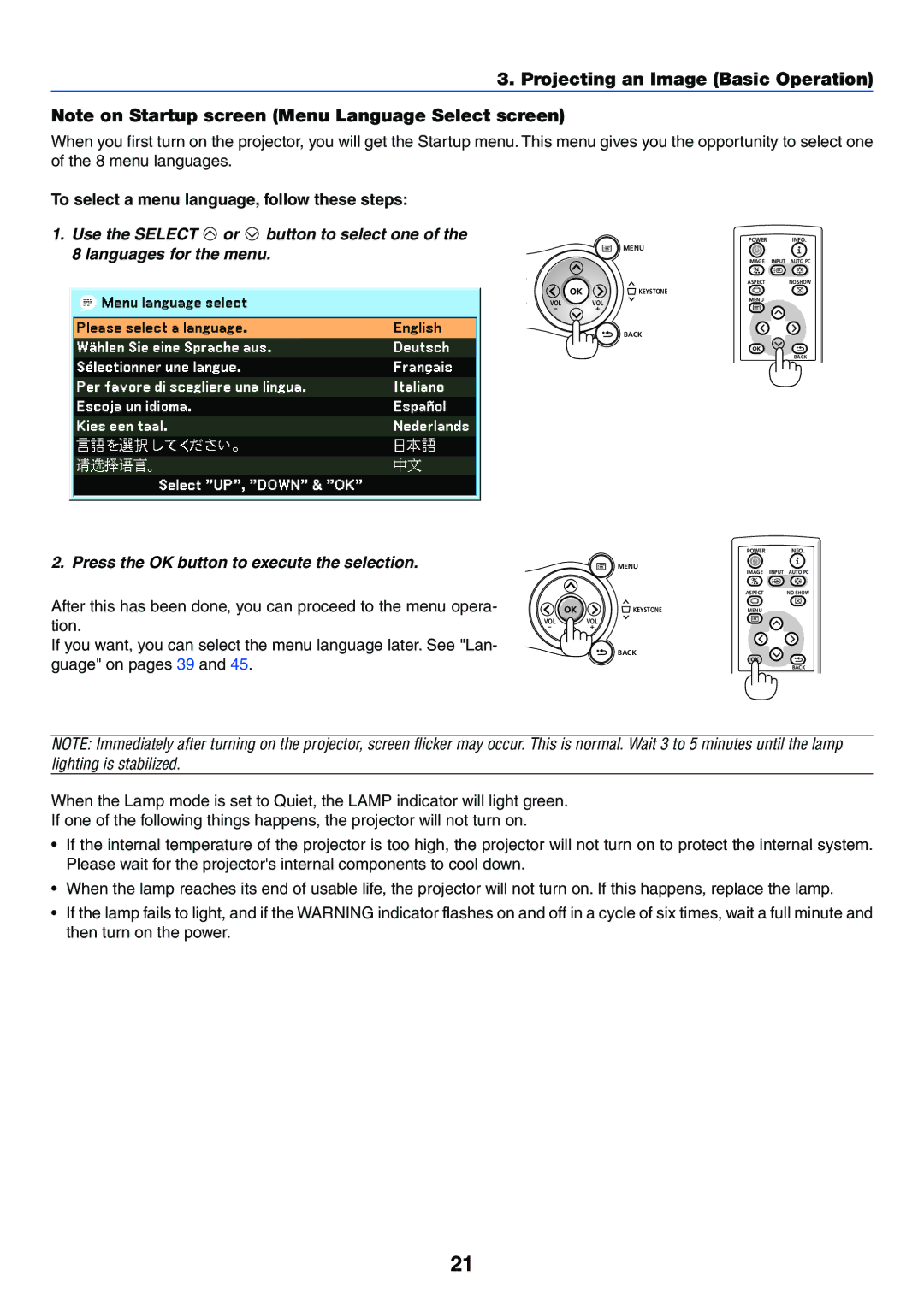 Canon LV-7250, LV-X6 manual Projecting an Image Basic Operation, To select a menu language, follow these steps 