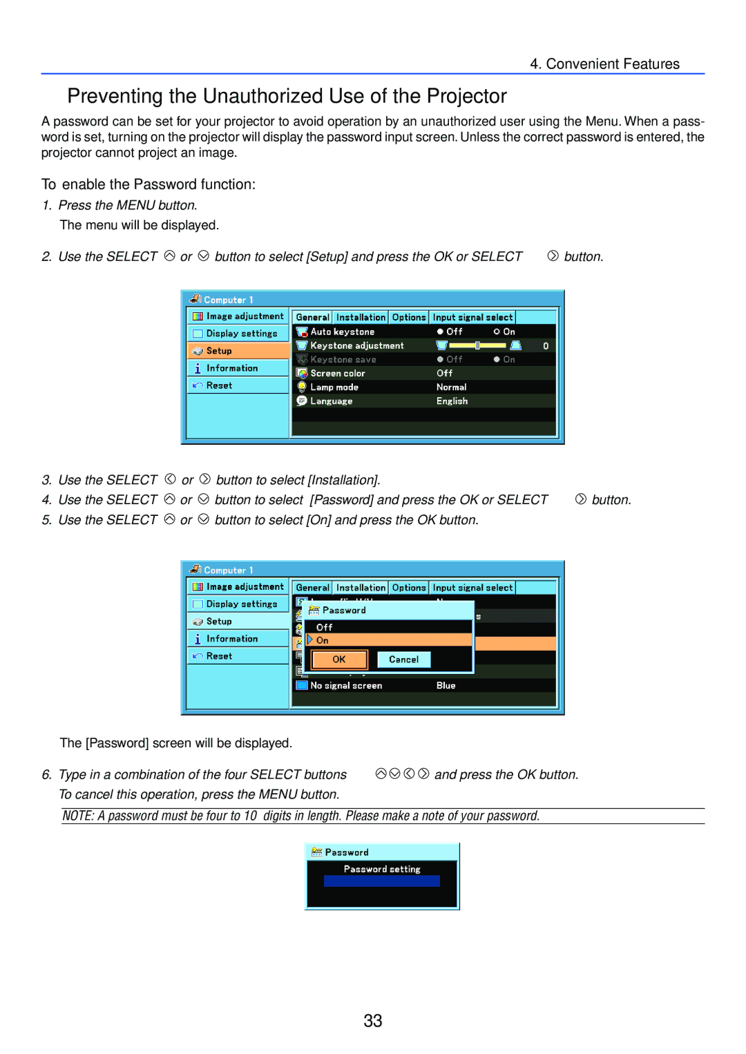 Canon LV-7250, LV-X6 manual Preventing the Unauthorized Use of the Projector, To enable the Password function 