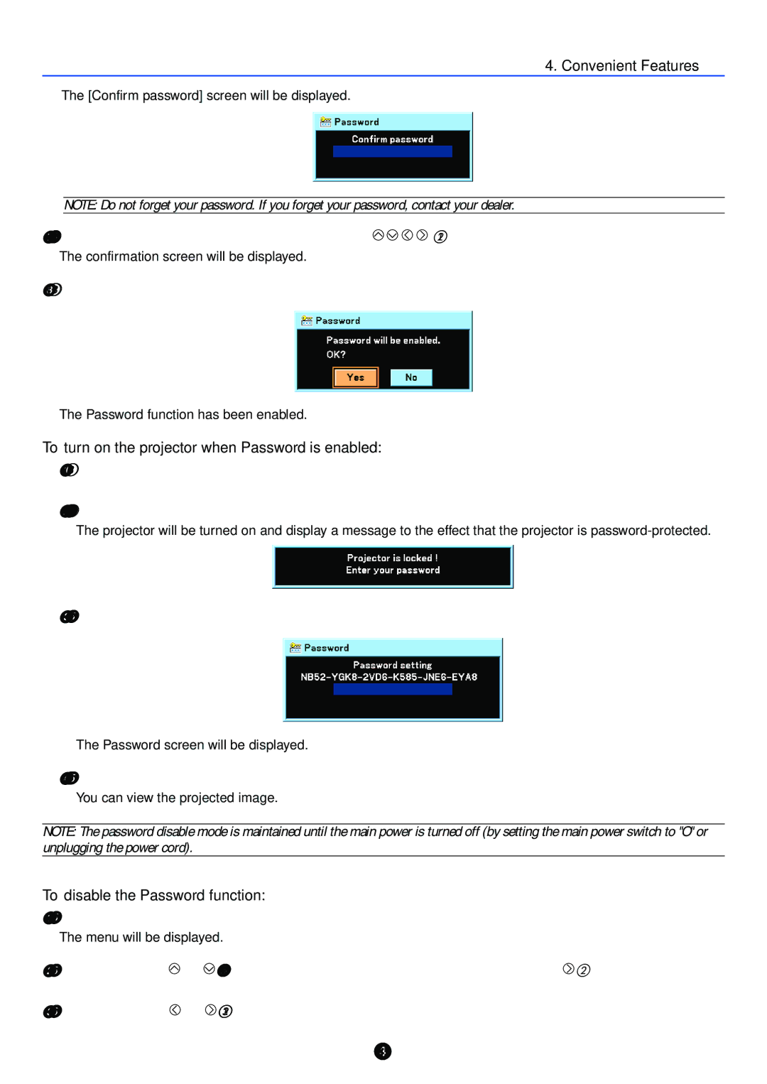 Canon LV-X6, LV-7250 manual To turn on the projector when Password is enabled, To disable the Password function 