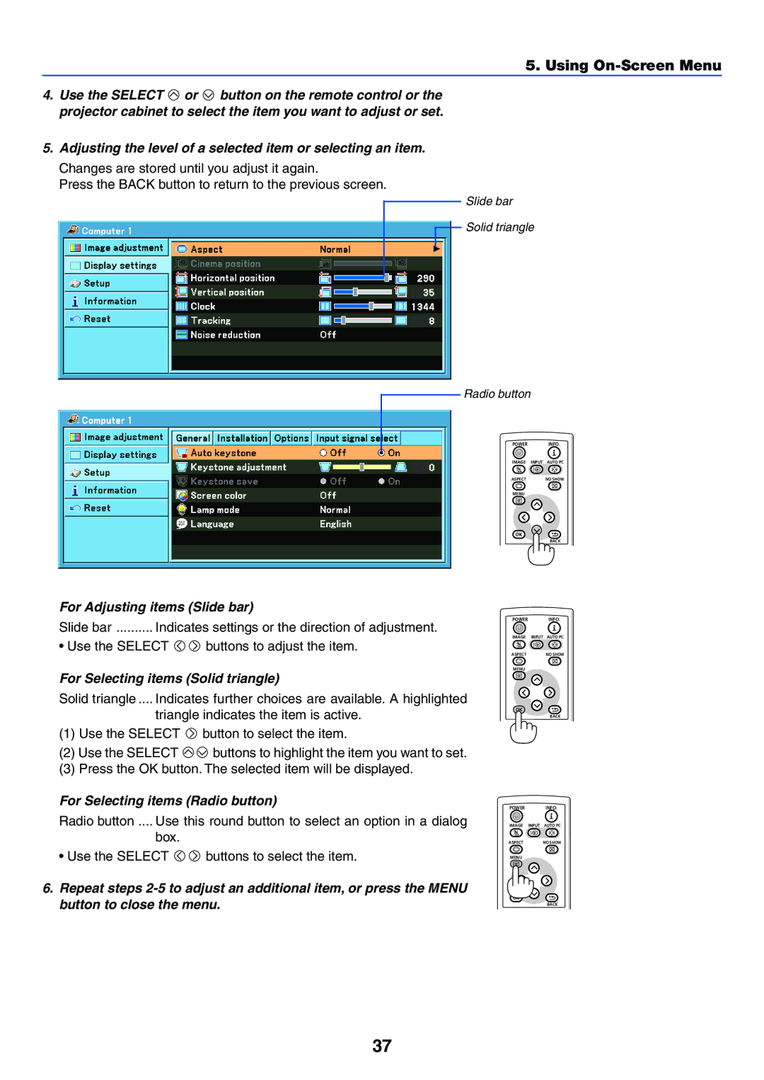 Canon LV-7250, LV-X6 manual Using On-Screen Menu, For Adjusting items Slide bar, For Selecting items Solid triangle 