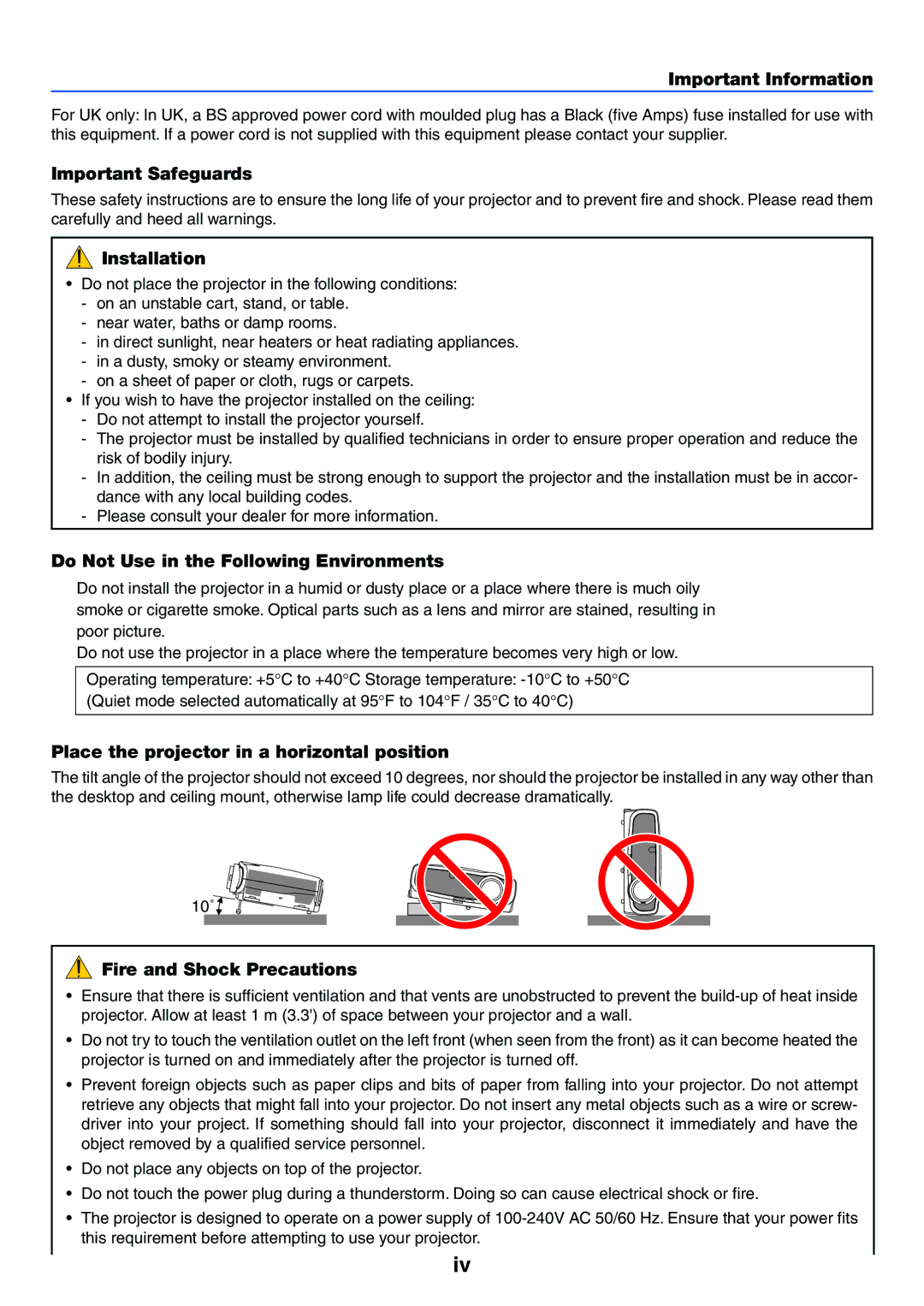 Canon LV-X6 manual Important Safeguards, Installation, Do Not Use in the Following Environments, Fire and Shock Precautions 