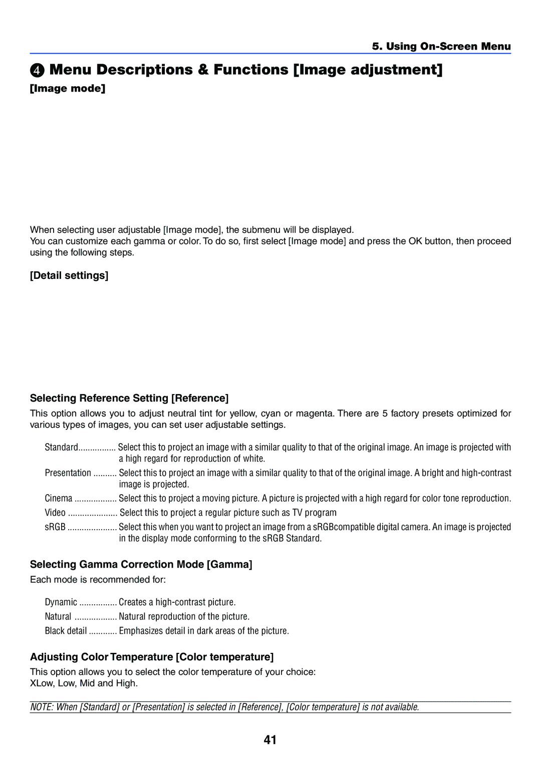 Canon LV-7250, LV-X6 Menu Descriptions & Functions Image adjustment, Image mode, Selecting Gamma Correction Mode Gamma 