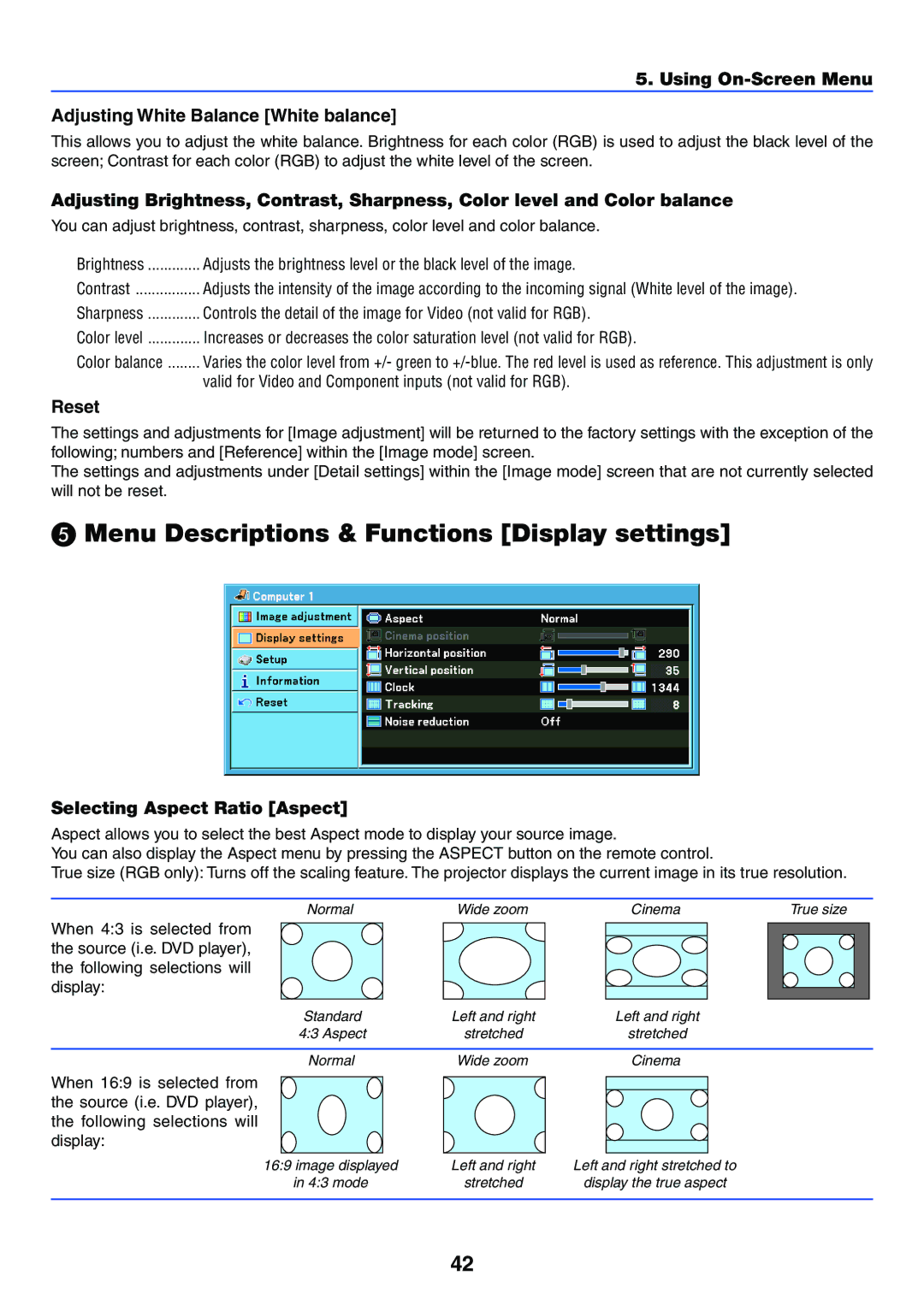 Canon LV-X6 Menu Descriptions & Functions Display settings, Using On-Screen Menu Adjusting White Balance White balance 