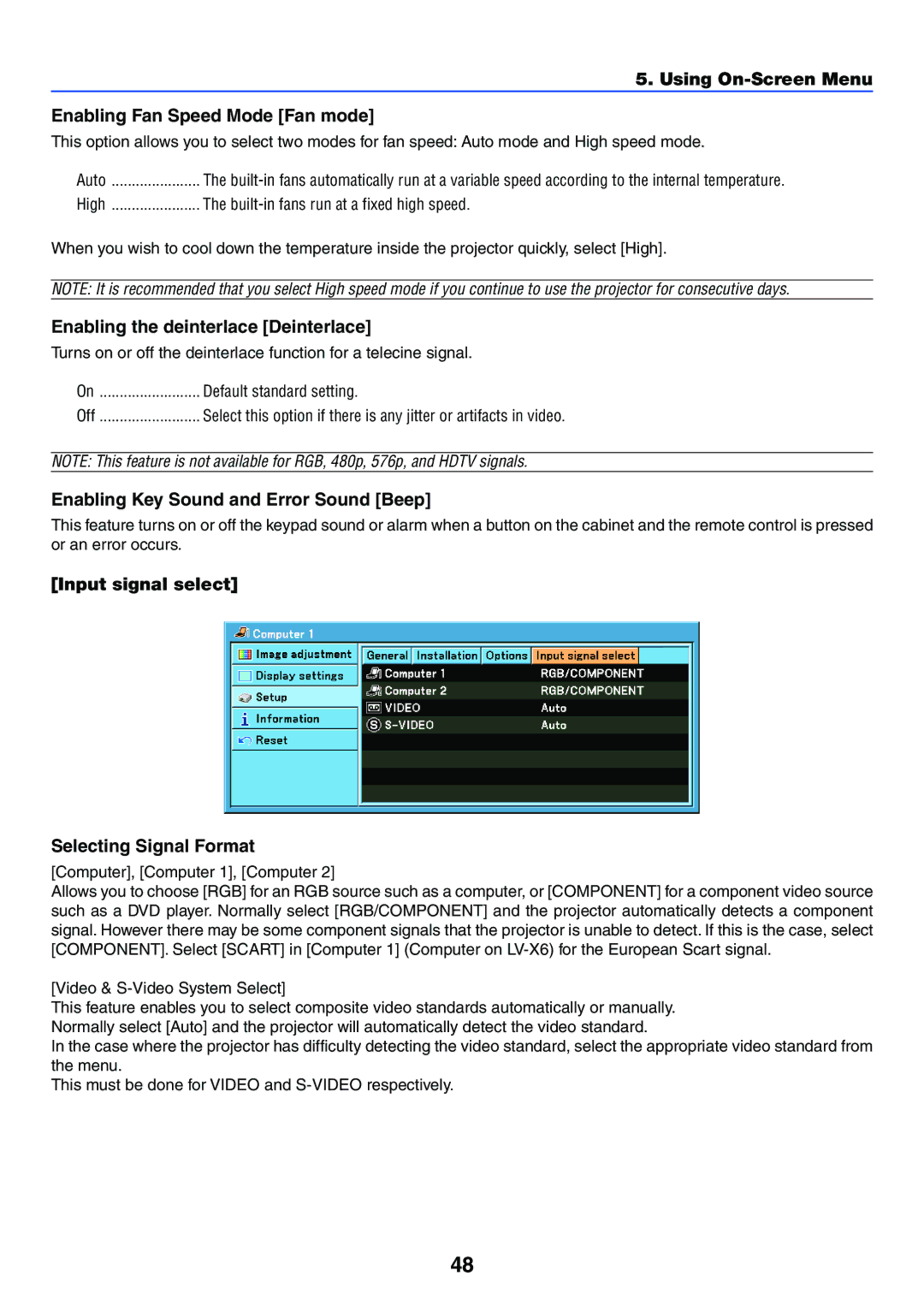 Canon LV-X6, LV-7250 manual Using On-Screen Menu Enabling Fan Speed Mode Fan mode, Enabling the deinterlace Deinterlace 