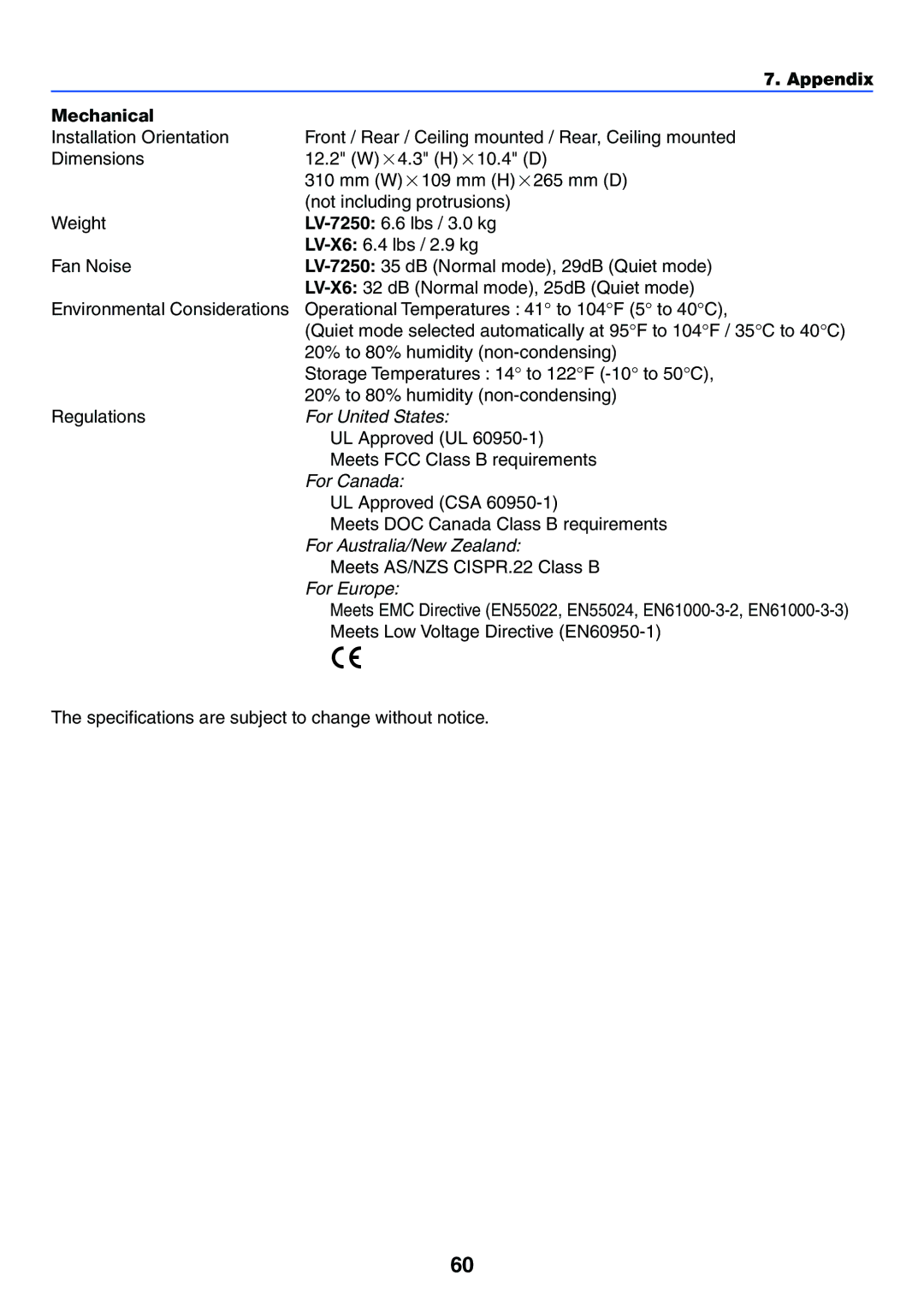 Canon LV-X6, LV-7250 manual Appendix Mechanical, For Europe 