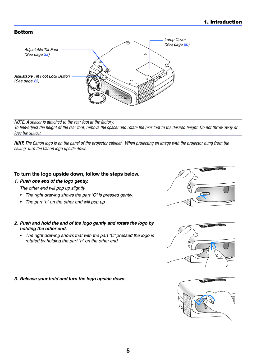 Canon LV-7255 manual Introduction Bottom, To turn the logo upside down, follow the steps below 