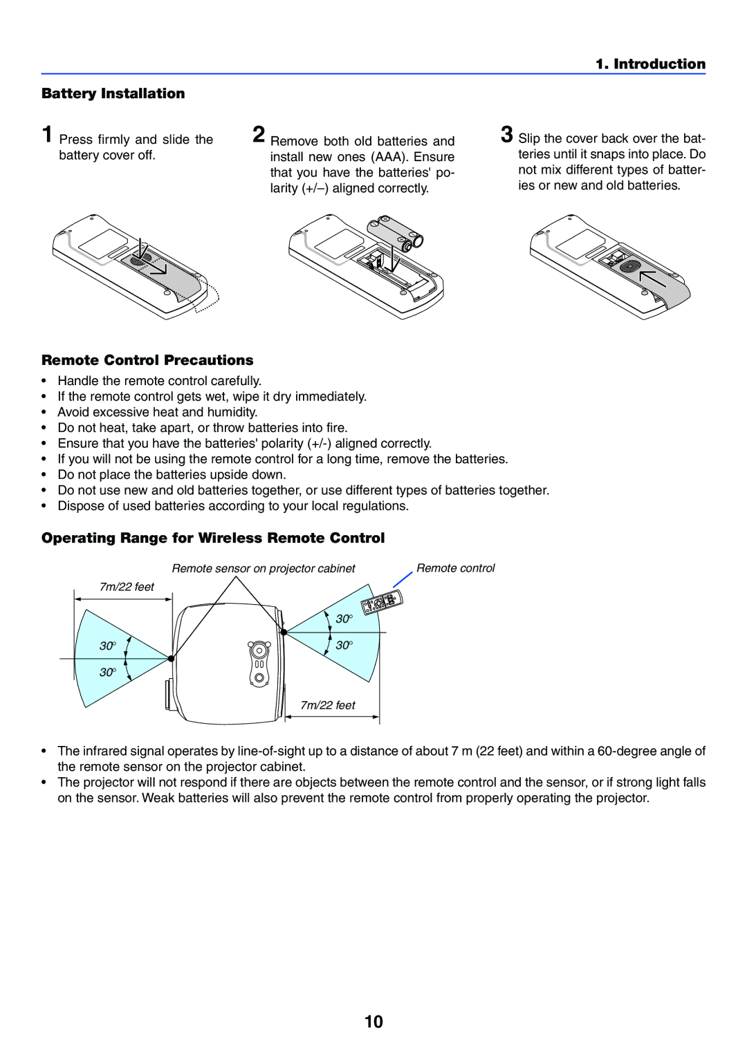 Canon LV-7255 manual Introduction Battery Installation, Operating Range for Wireless Remote Control 