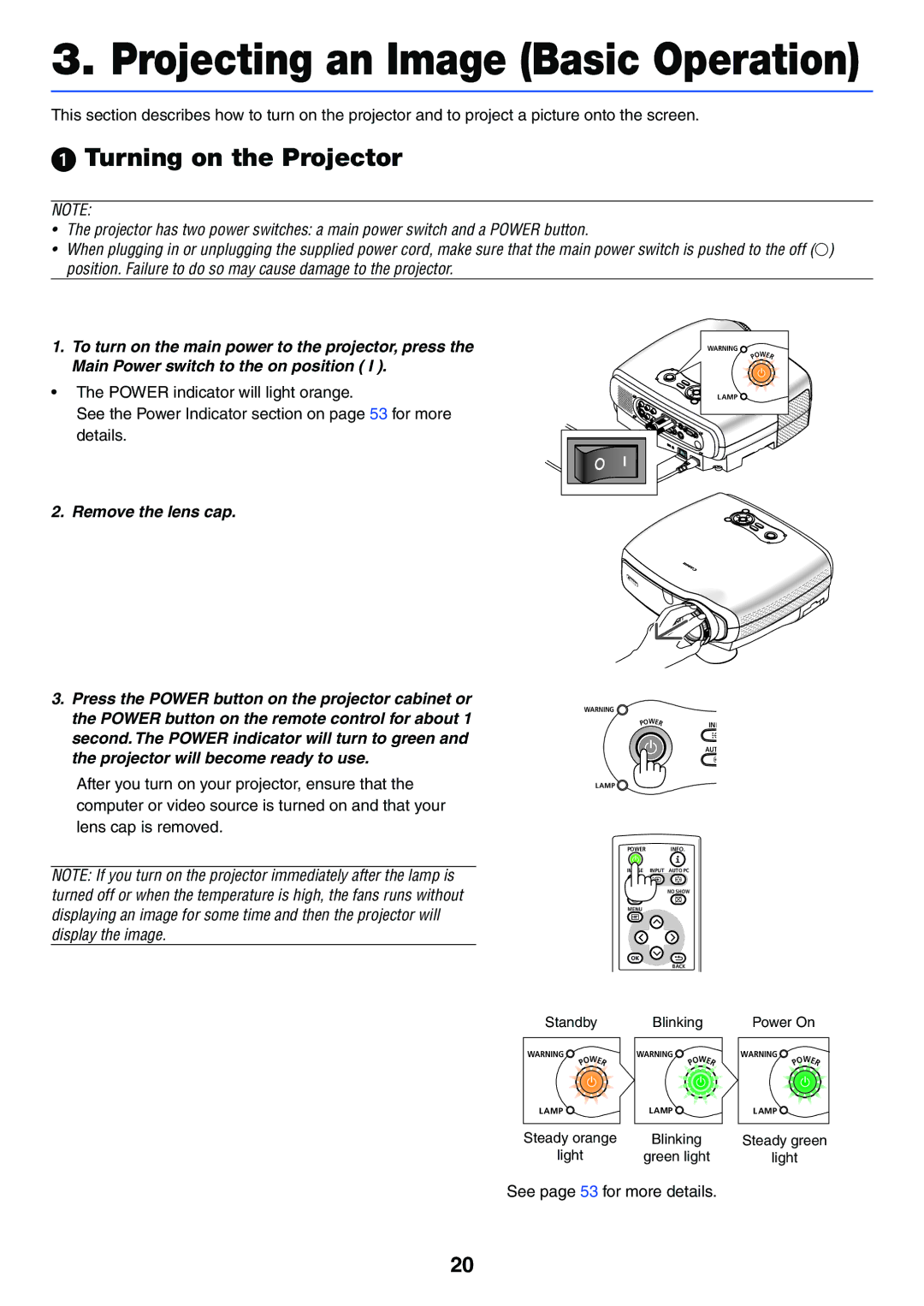 Canon LV-7255 manual Projecting an Image Basic Operation, Turning on the Projector 