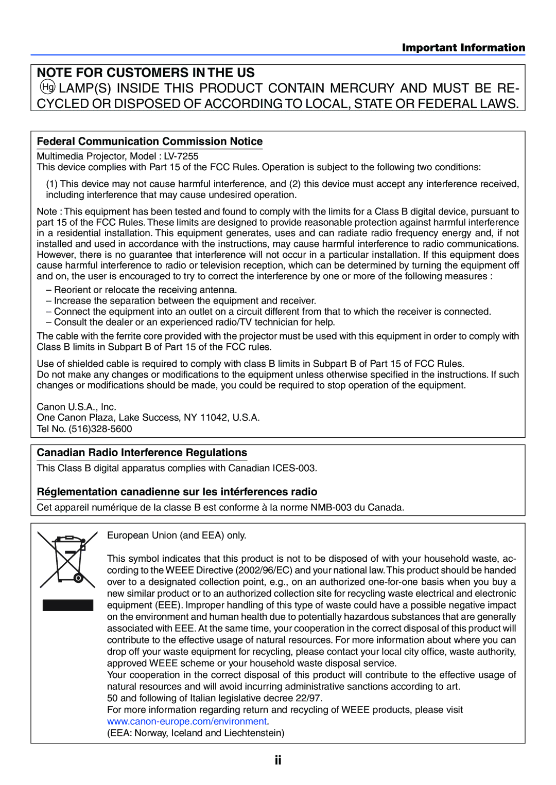 Canon LV-7255 Important Information, Federal Communication Commission Notice, Canadian Radio Interference Regulations 