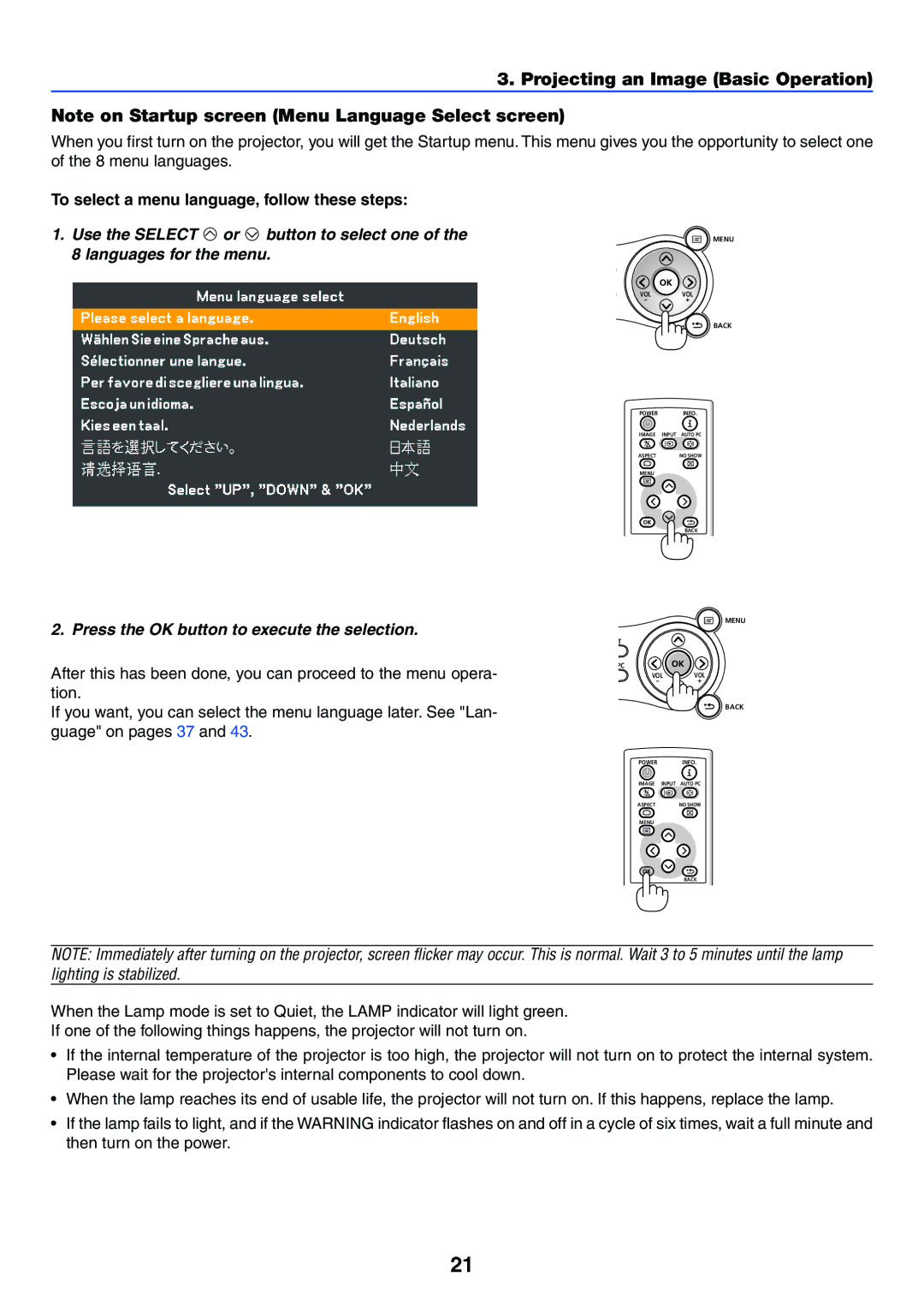 Canon LV-7255 manual Projecting an Image Basic Operation, To select a menu language, follow these steps 