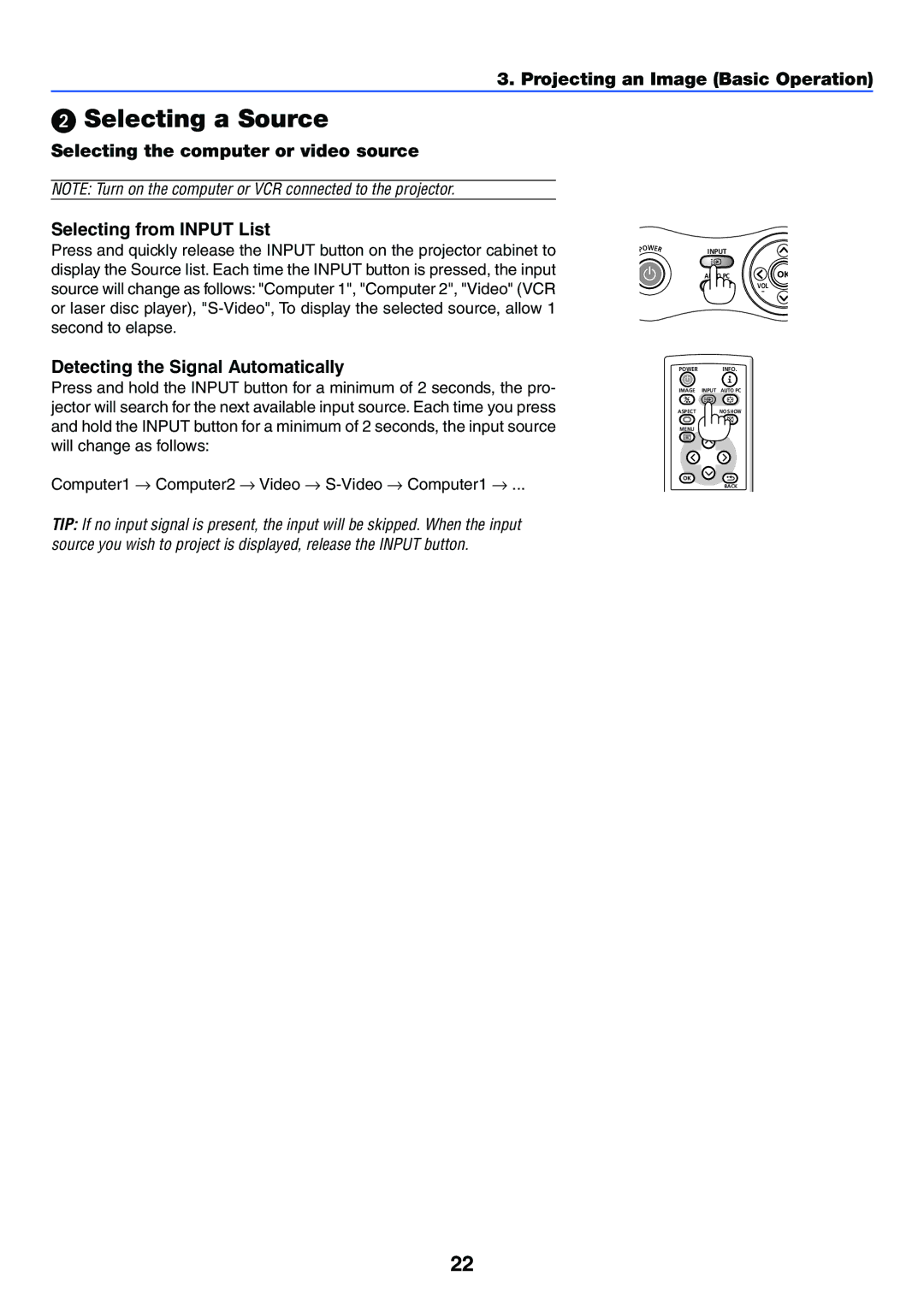 Canon LV-7255 manual Selecting a Source, Detecting the Signal Automatically 