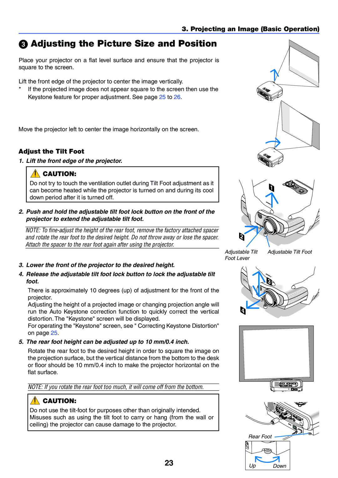 Canon LV-7255 manual Adjusting the Picture Size and Position, Adjust the Tilt Foot 