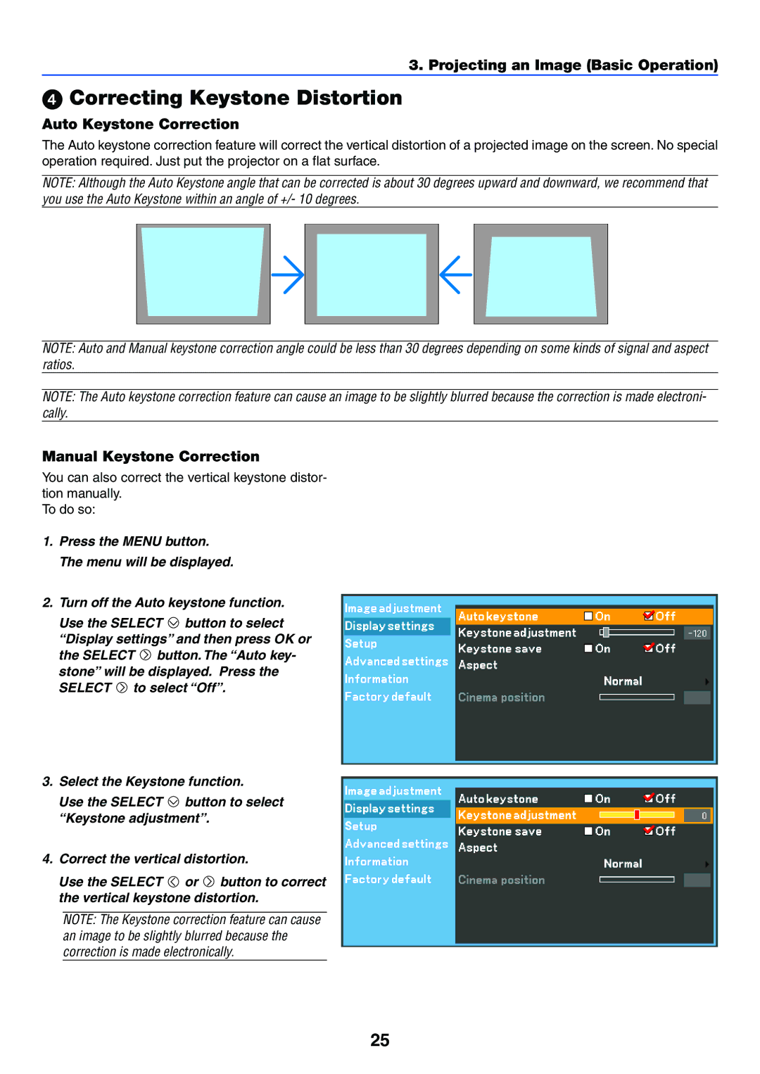 Canon LV-7255 manual Correcting Keystone Distortion, Auto Keystone Correction, Manual Keystone Correction 