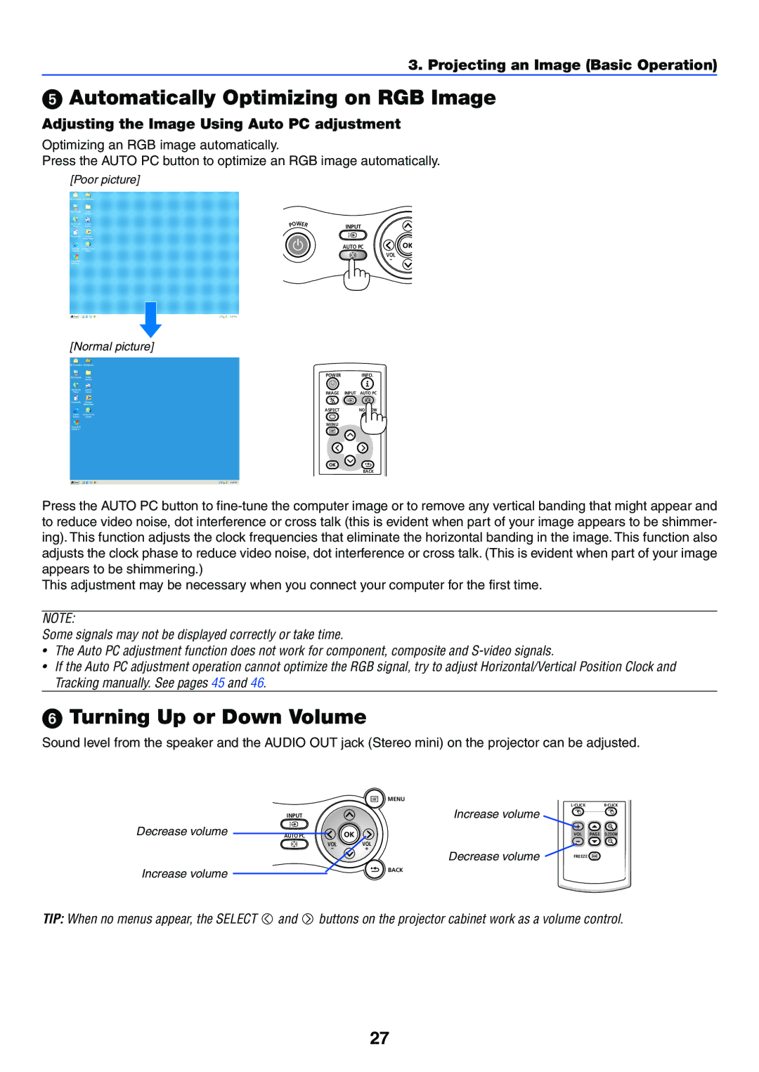 Canon LV-7255 manual Automatically Optimizing on RGB Image, Turning Up or Down Volume 