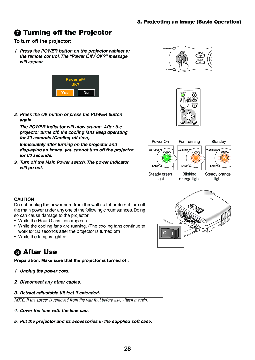 Canon LV-7255 manual Turning off the Projector, After Use, To turn off the projector 