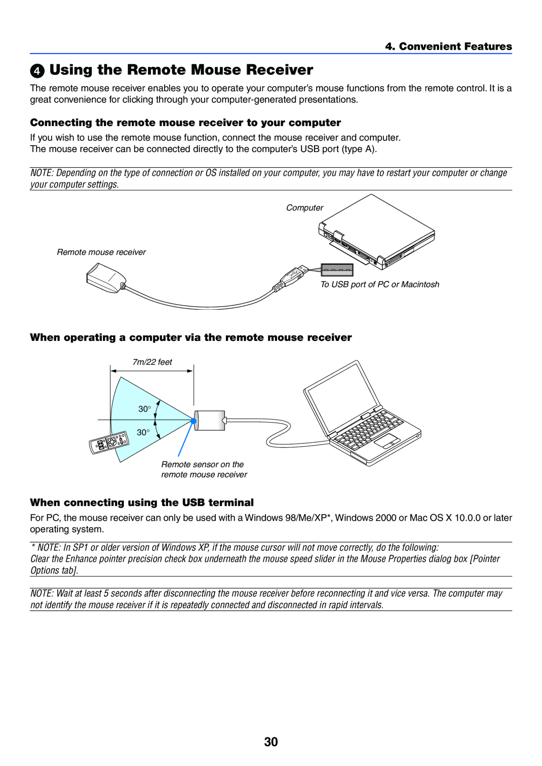 Canon LV-7255 Using the Remote Mouse Receiver, Convenient Features, Connecting the remote mouse receiver to your computer 