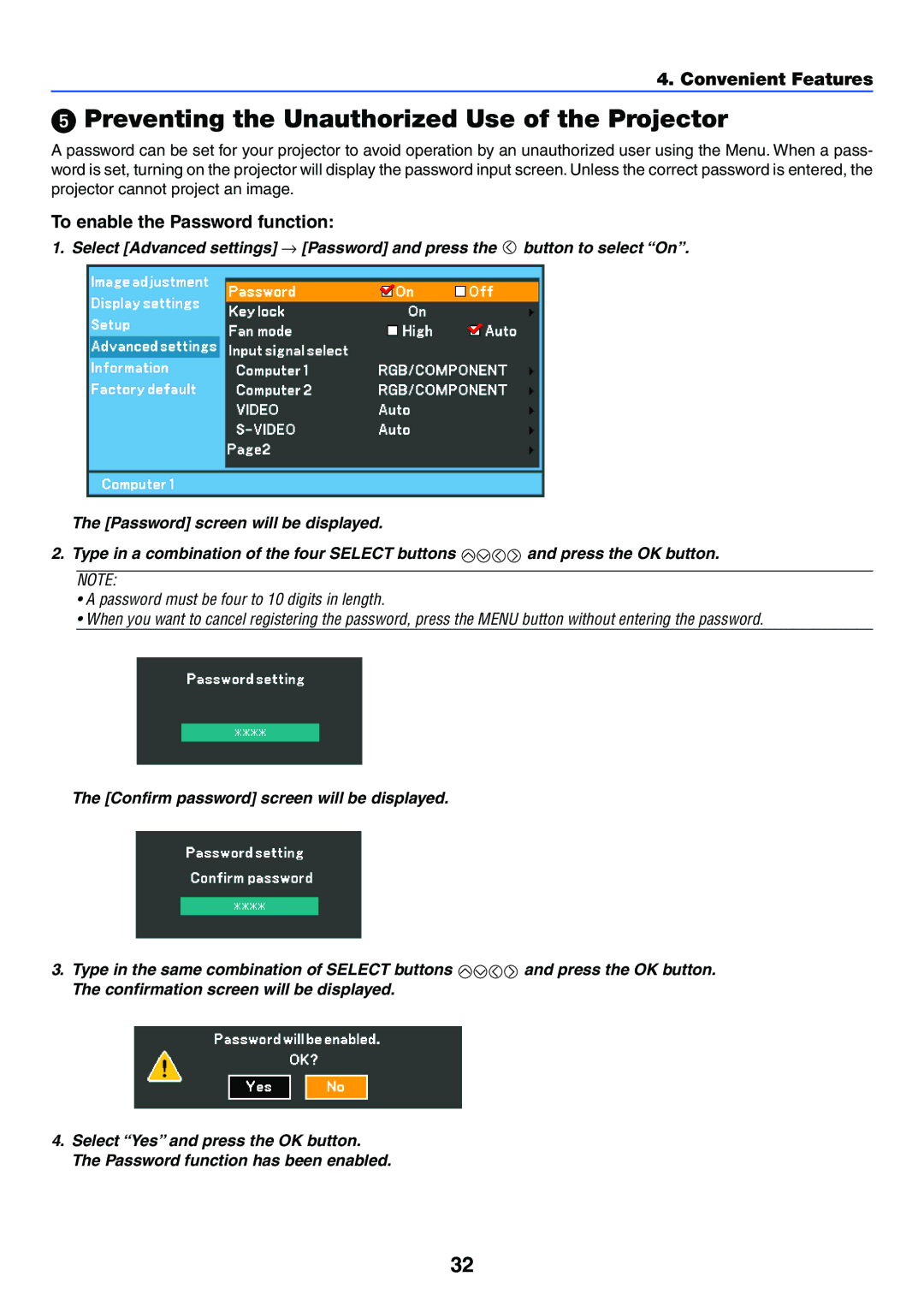 Canon LV-7255 manual Preventing the Unauthorized Use of the Projector, To enable the Password function 