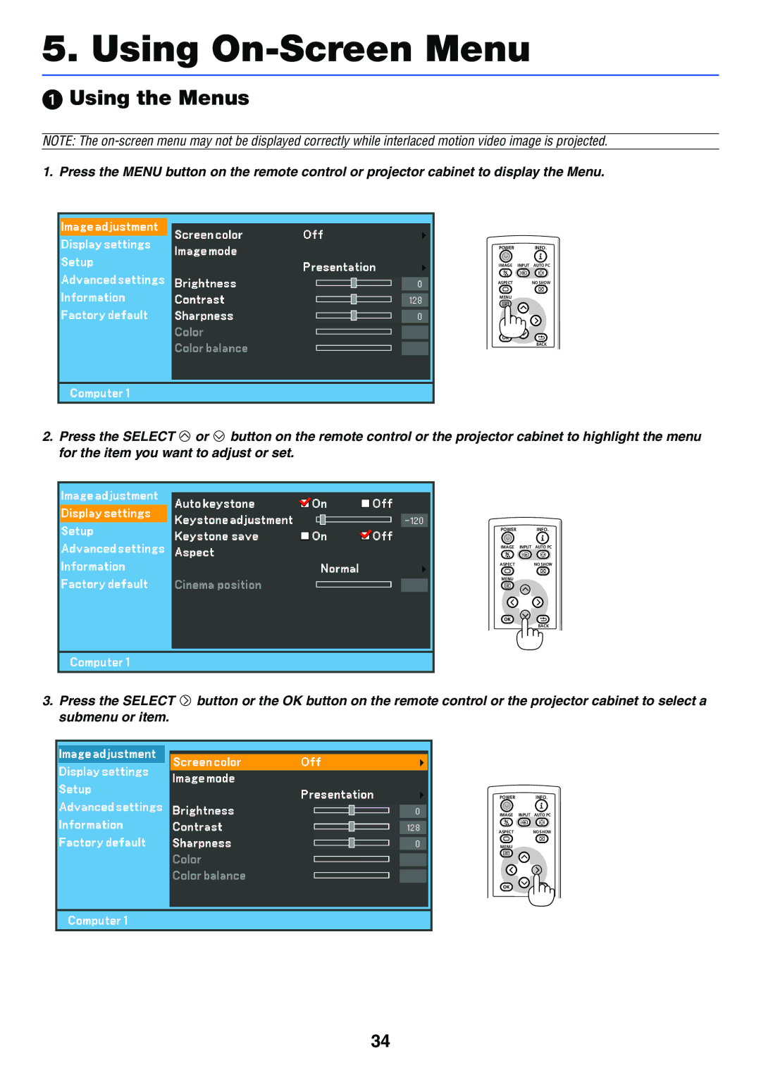 Canon LV-7255 manual Using On-Screen Menu, Using the Menus 