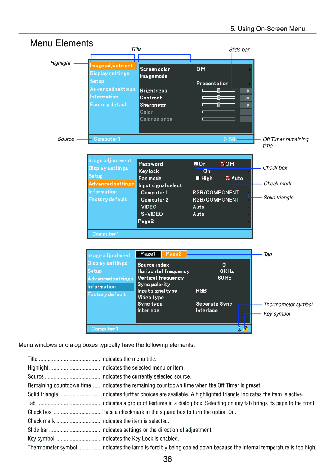 Canon LV-7255 manual Menu Elements, Indicates the Key Lock is enabled 