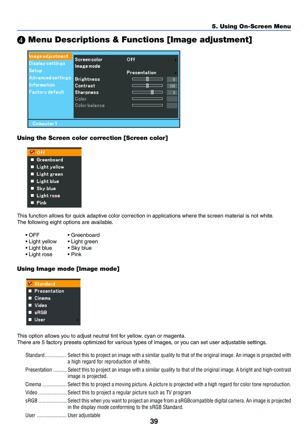 Canon LV-7255 manual Menu Descriptions & Functions Image adjustment, Using the Screen color correction Screen color 