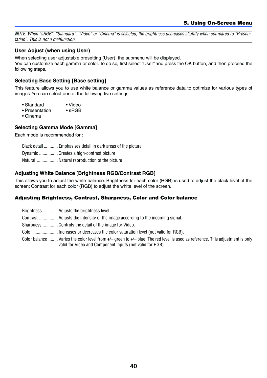 Canon LV-7255 manual Using On-Screen Menu User Adjust when using User, Selecting Base Setting Base setting 