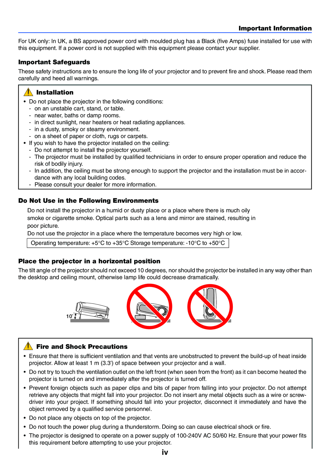 Canon LV-7255 Important Safeguards, Installation, Do Not Use in the Following Environments, Fire and Shock Precautions 