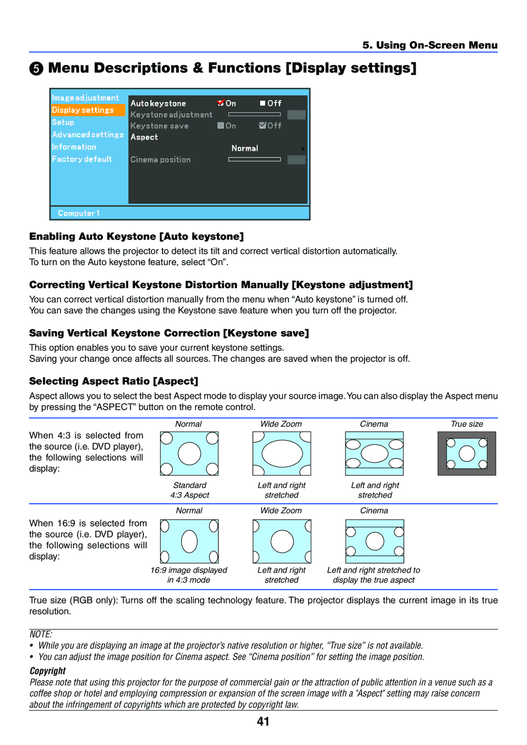 Canon LV-7255 manual Menu Descriptions & Functions Display settings, Enabling Auto Keystone Auto keystone 