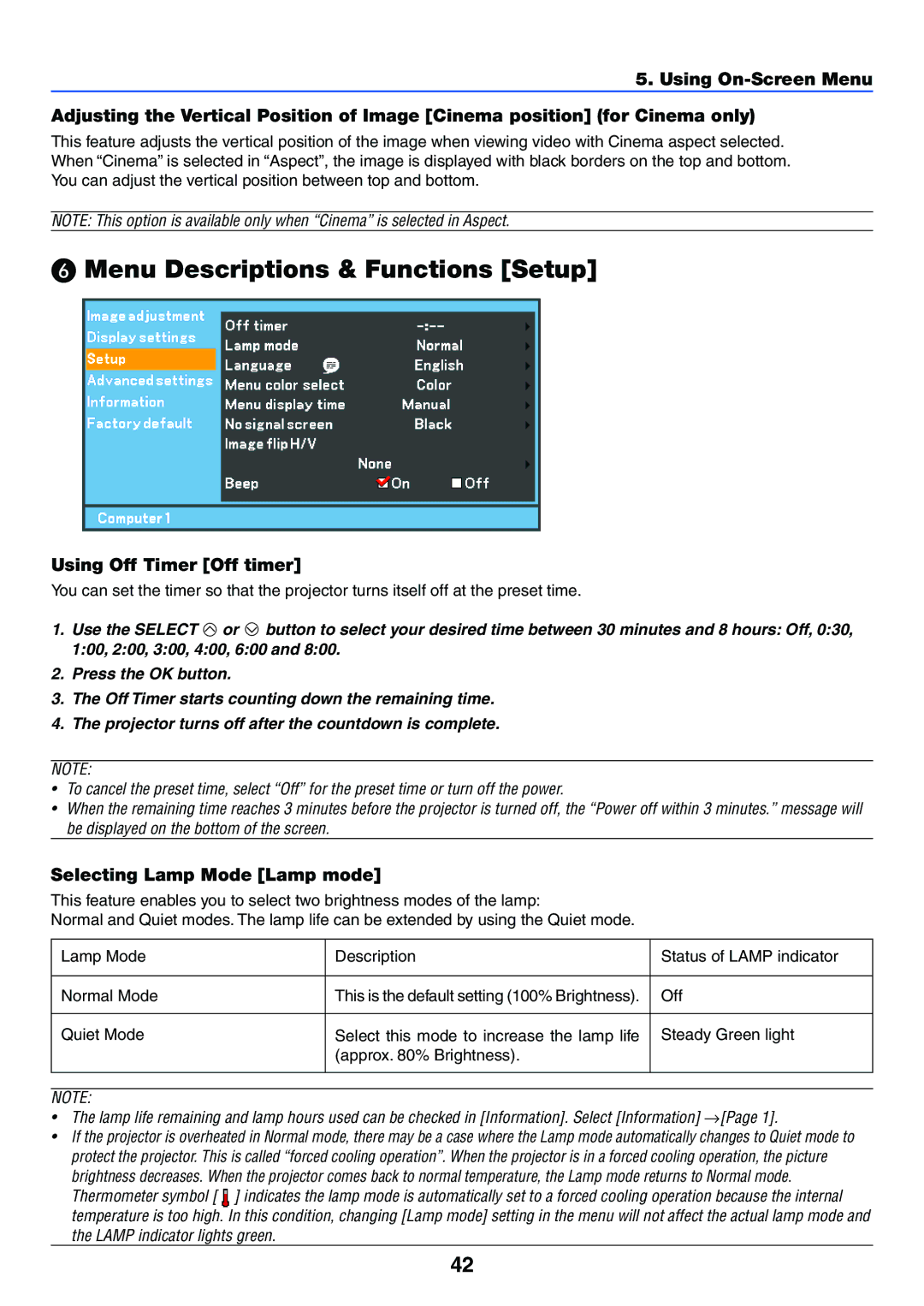 Canon LV-7255 manual Menu Descriptions & Functions Setup, Using Off Timer Off timer, Selecting Lamp Mode Lamp mode 