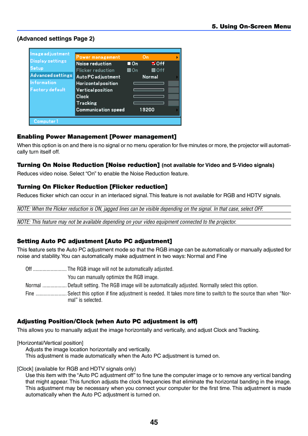 Canon LV-7255 manual Turning On Flicker Reduction Flicker reduction, Setting Auto PC adjustment Auto PC adjustment 