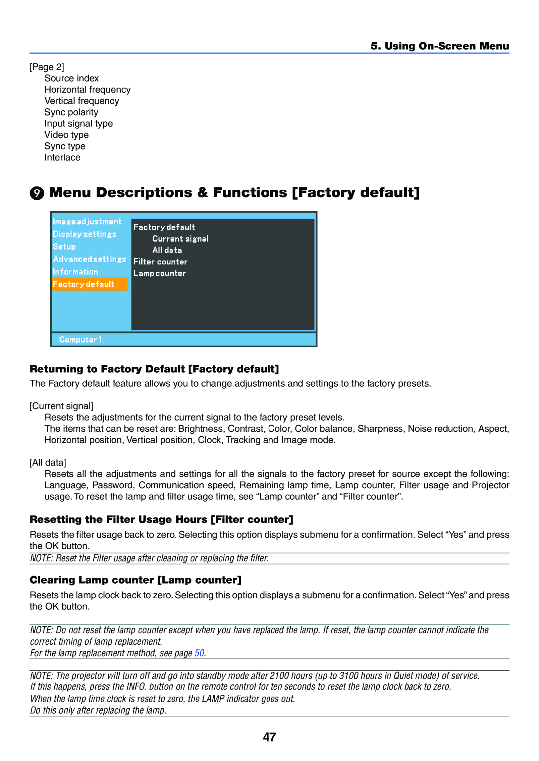 Canon LV-7255 manual Menu Descriptions & Functions Factory default, Returning to Factory Default Factory default 