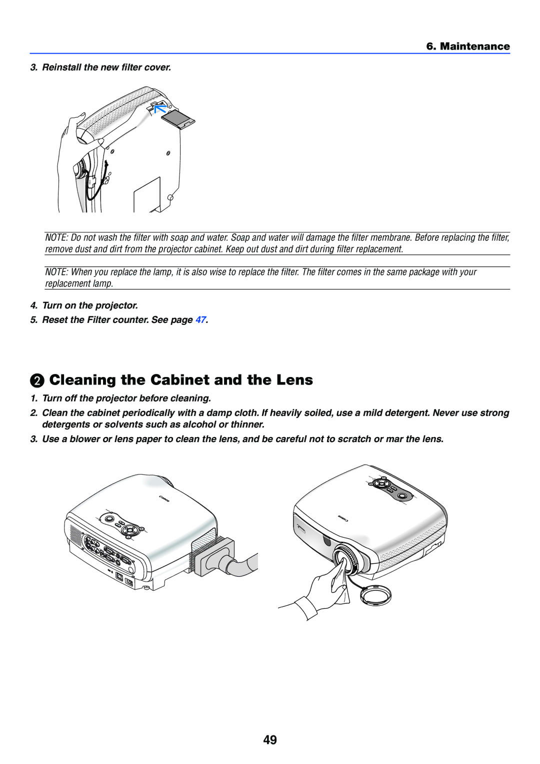 Canon LV-7255 manual Cleaning the Cabinet and the Lens, Maintenance 