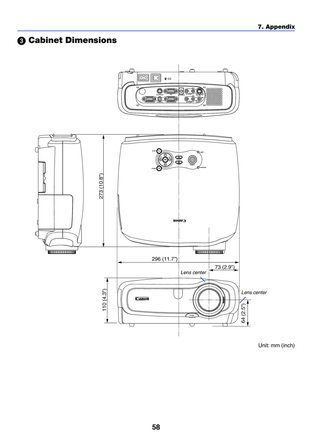 Canon LV-7255 manual Cabinet Dimensions 