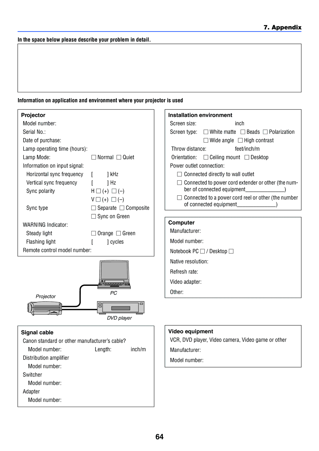 Canon LV-7255 manual Installation environment, Computer, Signal cable, Video equipment 