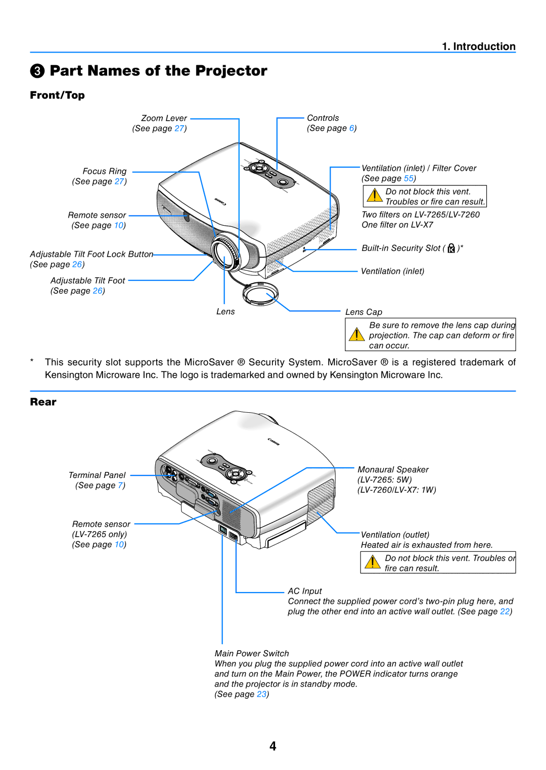 Canon LV-7265, LV-7260, LV-X7 user manual ❸ Part Names of the Projector, Front/Top, Rear 