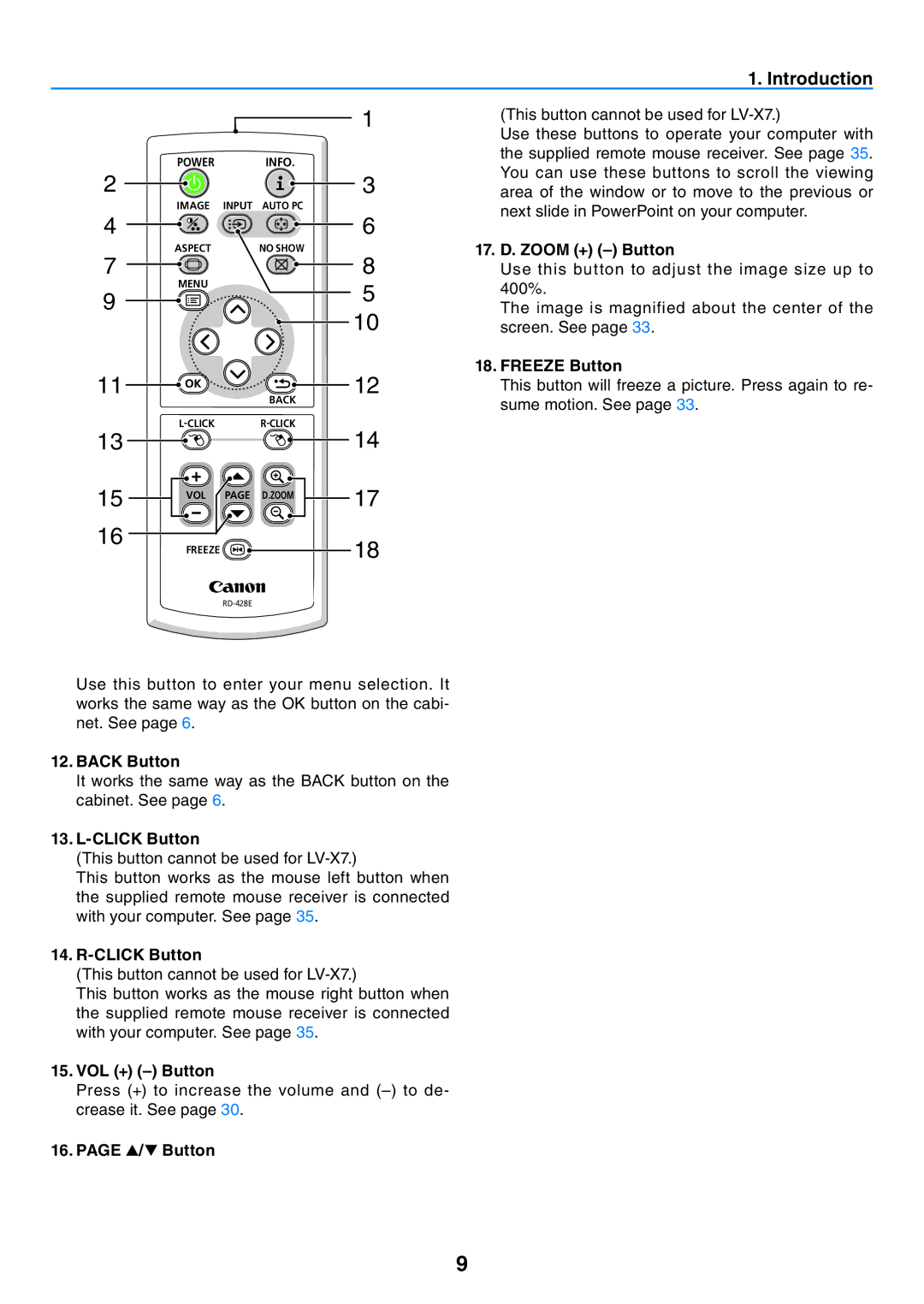 Canon LV-7260, LV-7265, LV-X7 user manual 17. D. Zoom + Button, Freeze Button, Click Button, VOL + Button 