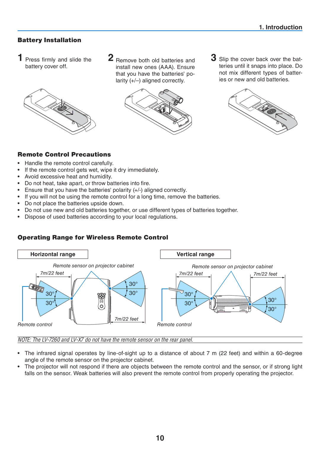 Canon LV-7265, LV-7260 Introduction Battery Installation, Operating Range for Wireless Remote Control, Horizontal range 