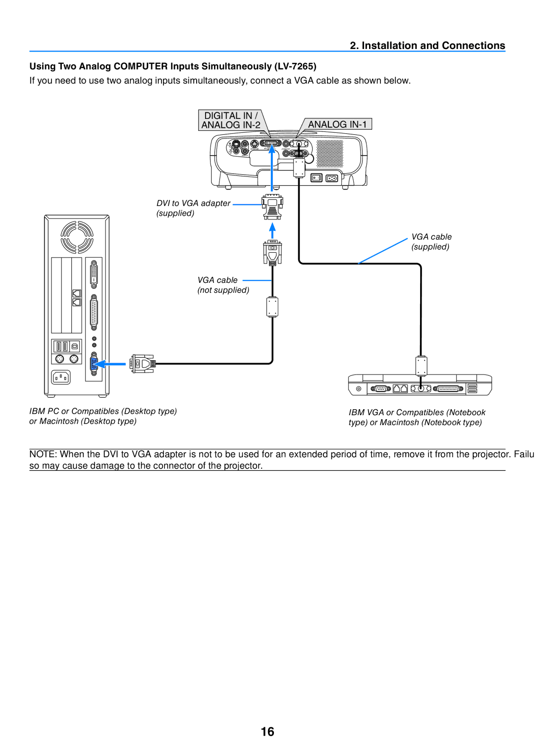 Canon LV-7260, LV-X7 user manual Using Two Analog Computer Inputs Simultaneously LV-7265, Digital Analog IN-1 Analog IN-2 