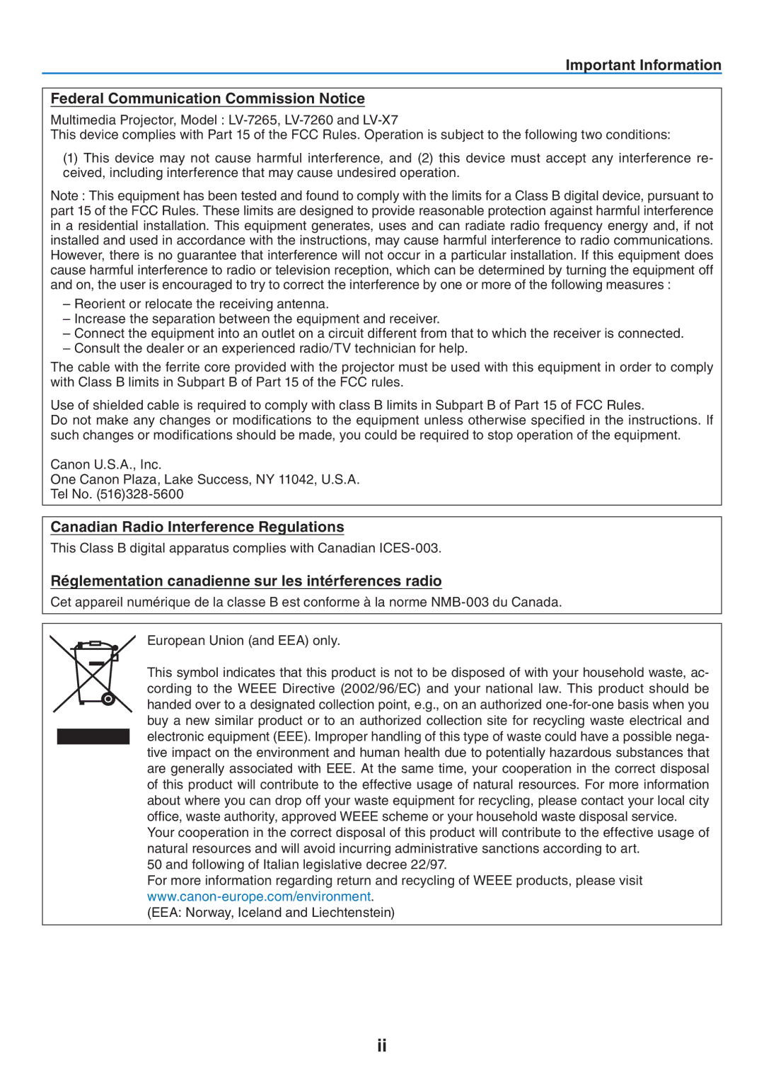 Canon LV-7260, LV-7265 Canadian Radio Interference Regulations, Réglementation canadienne sur les intérferences radio 