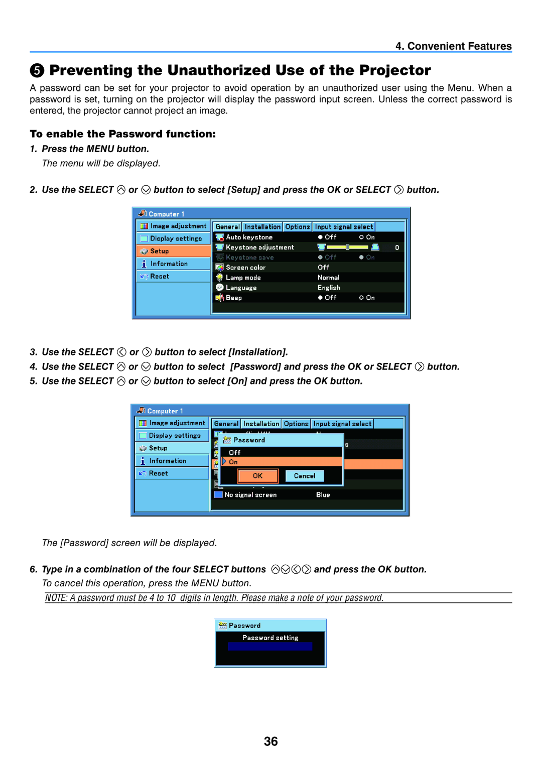 Canon LV-7260, LV-7265, LV-X7 user manual ❺ Preventing the Unauthorized Use of the Projector, To enable the Password function 