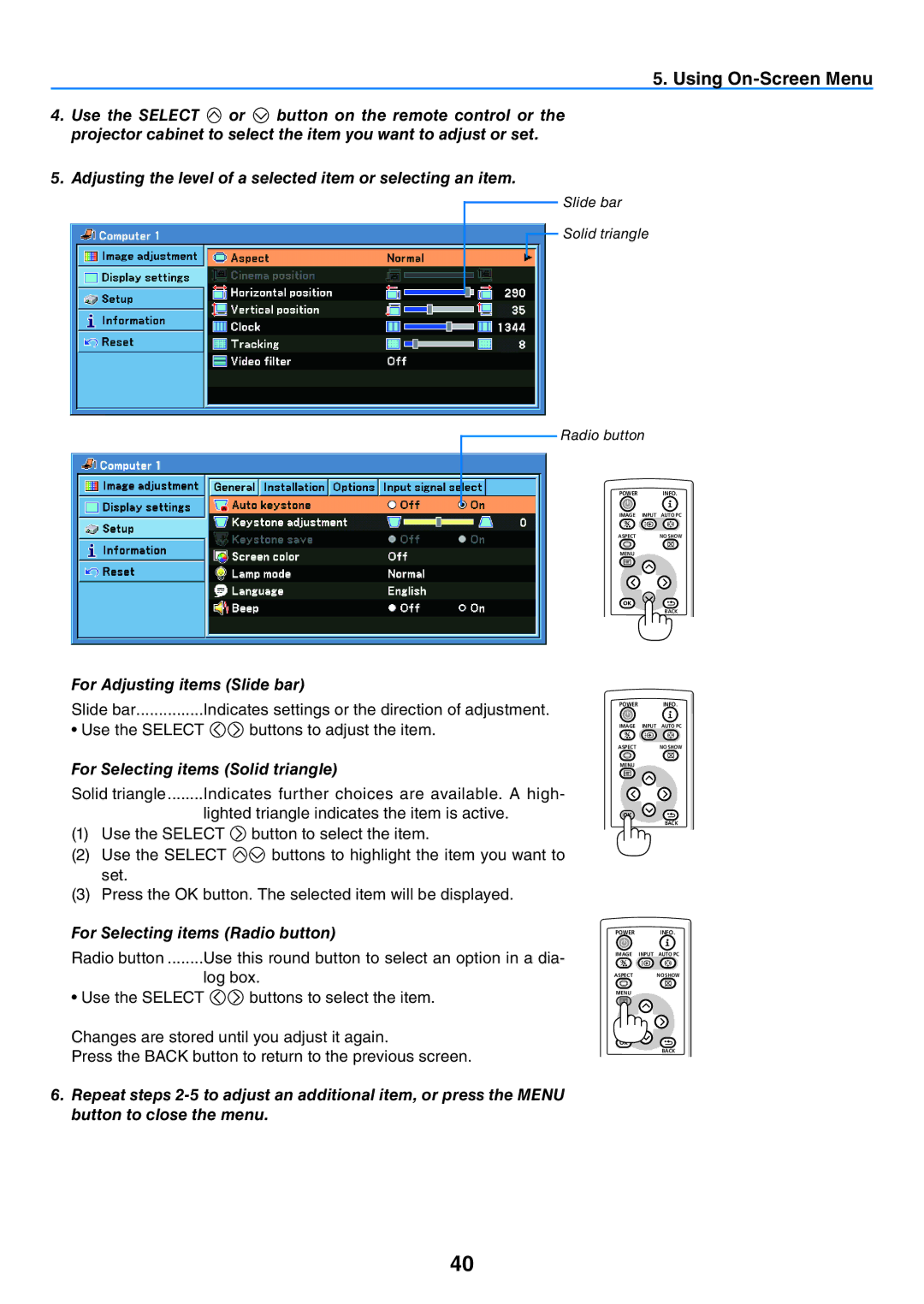 Canon LV-7265, LV-7260, LV-X7 Using On-Screen Menu, For Adjusting items Slide bar, For Selecting items Solid triangle 