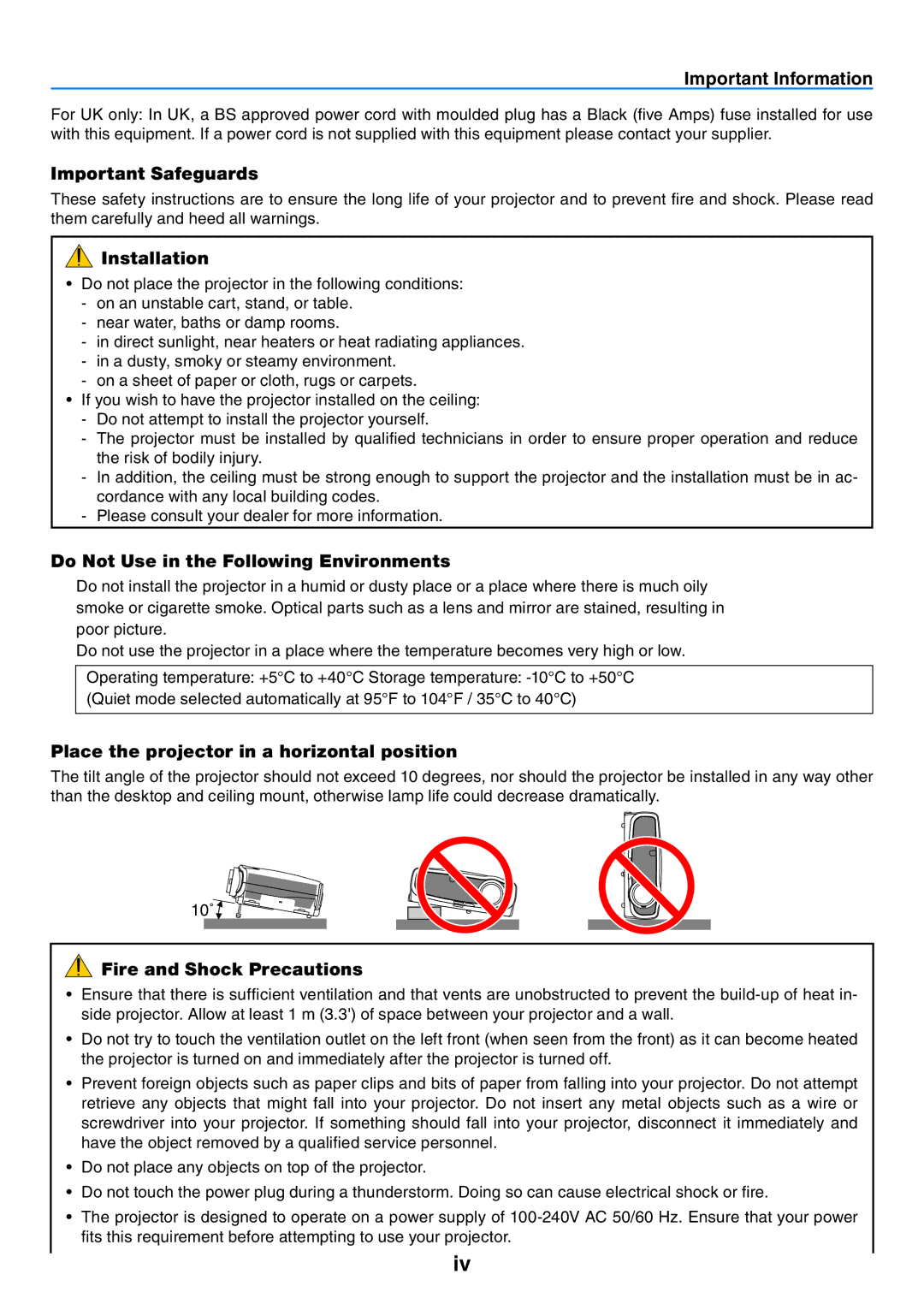 Canon LV-X7 Important Safeguards, Installation, Do Not Use in the Following Environments, Fire and Shock Precautions 