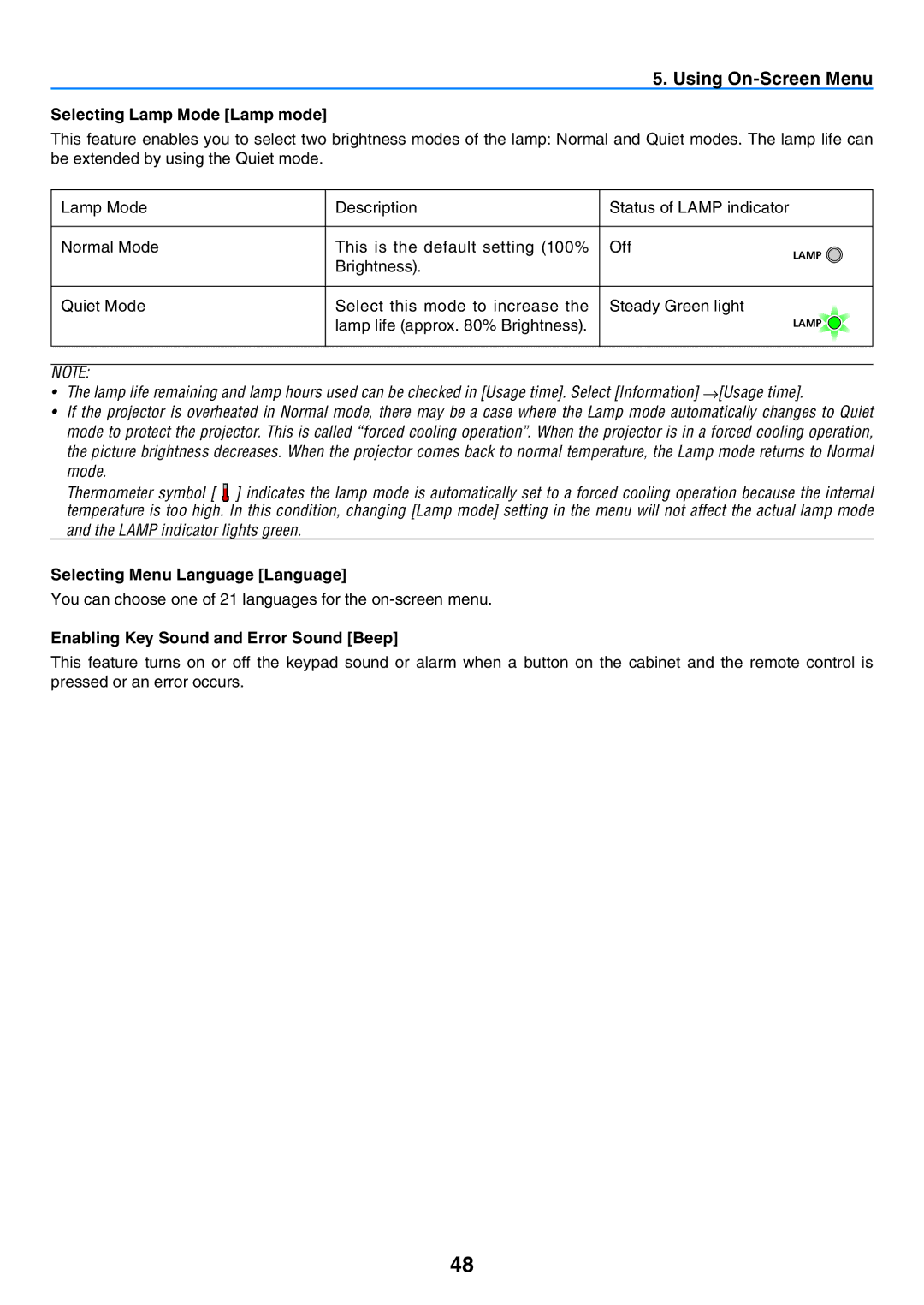 Canon LV-7260 Selecting Lamp Mode Lamp mode, Selecting Menu Language Language, Enabling Key Sound and Error Sound Beep 