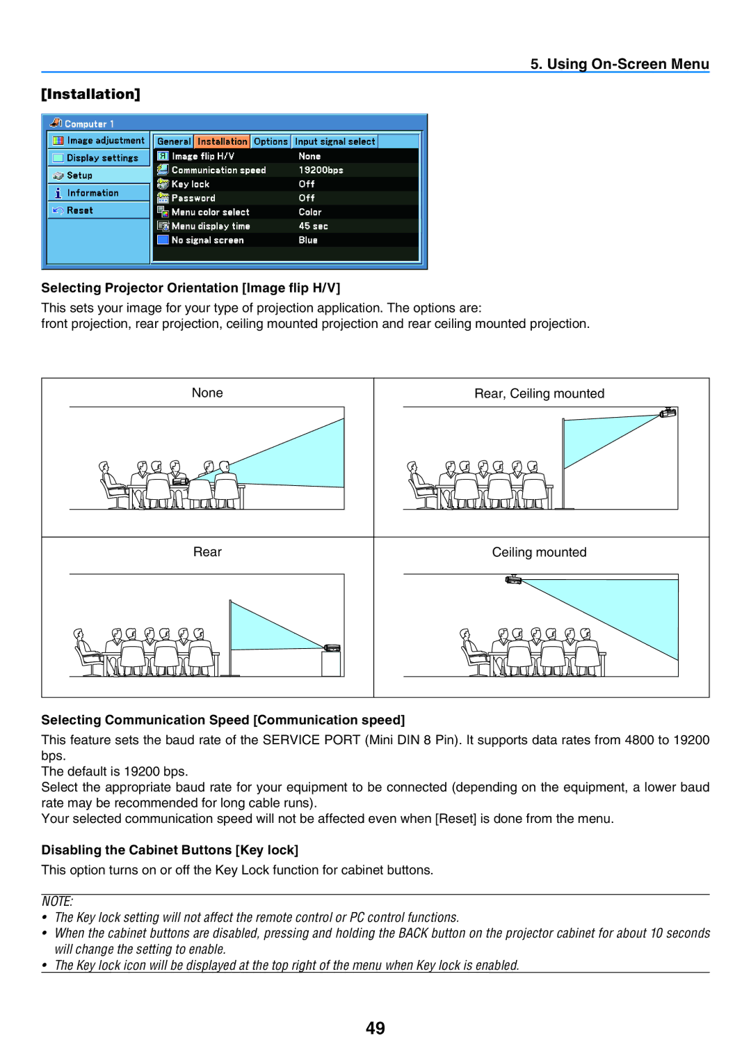 Canon LV-7265, LV-7260, LV-X7 user manual Using On-Screen Menu Installation, Selecting Projector Orientation Image flip H/V 