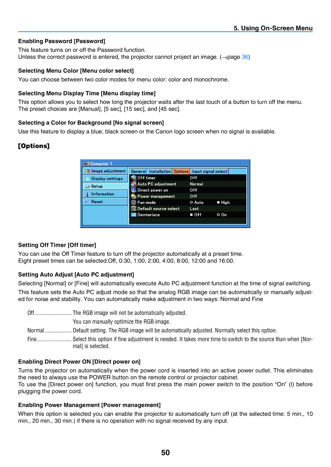 Canon LV-X7, LV-7260, LV-7265 user manual Options 