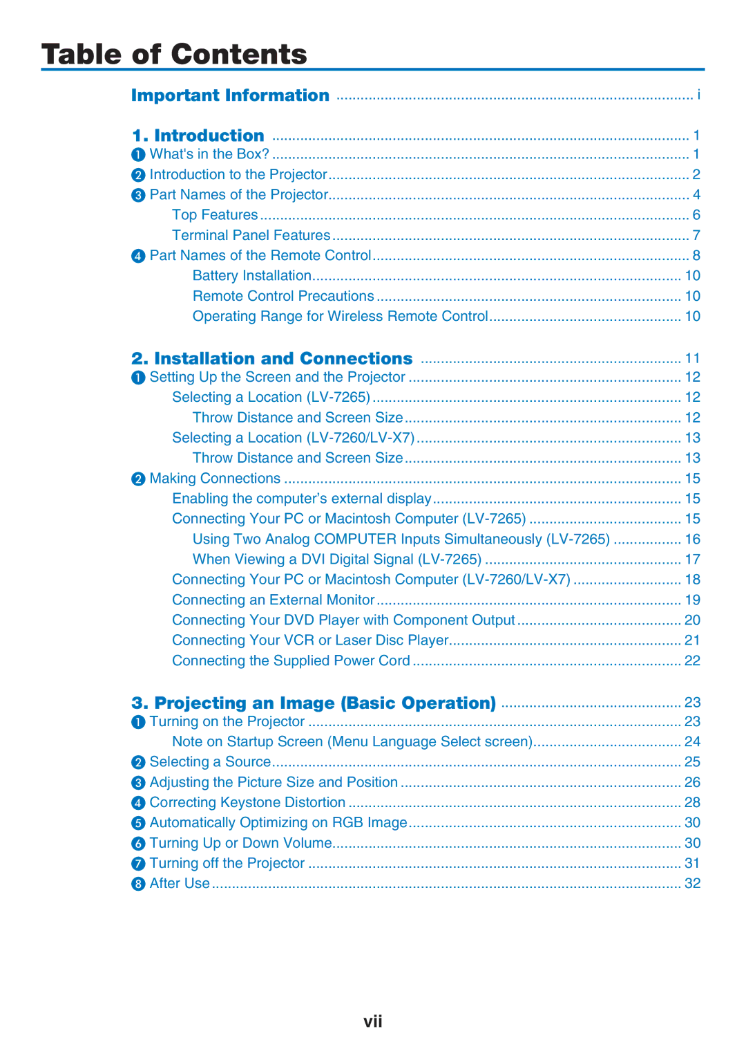 Canon LV-X7, LV-7260, LV-7265 user manual Table of Contents 